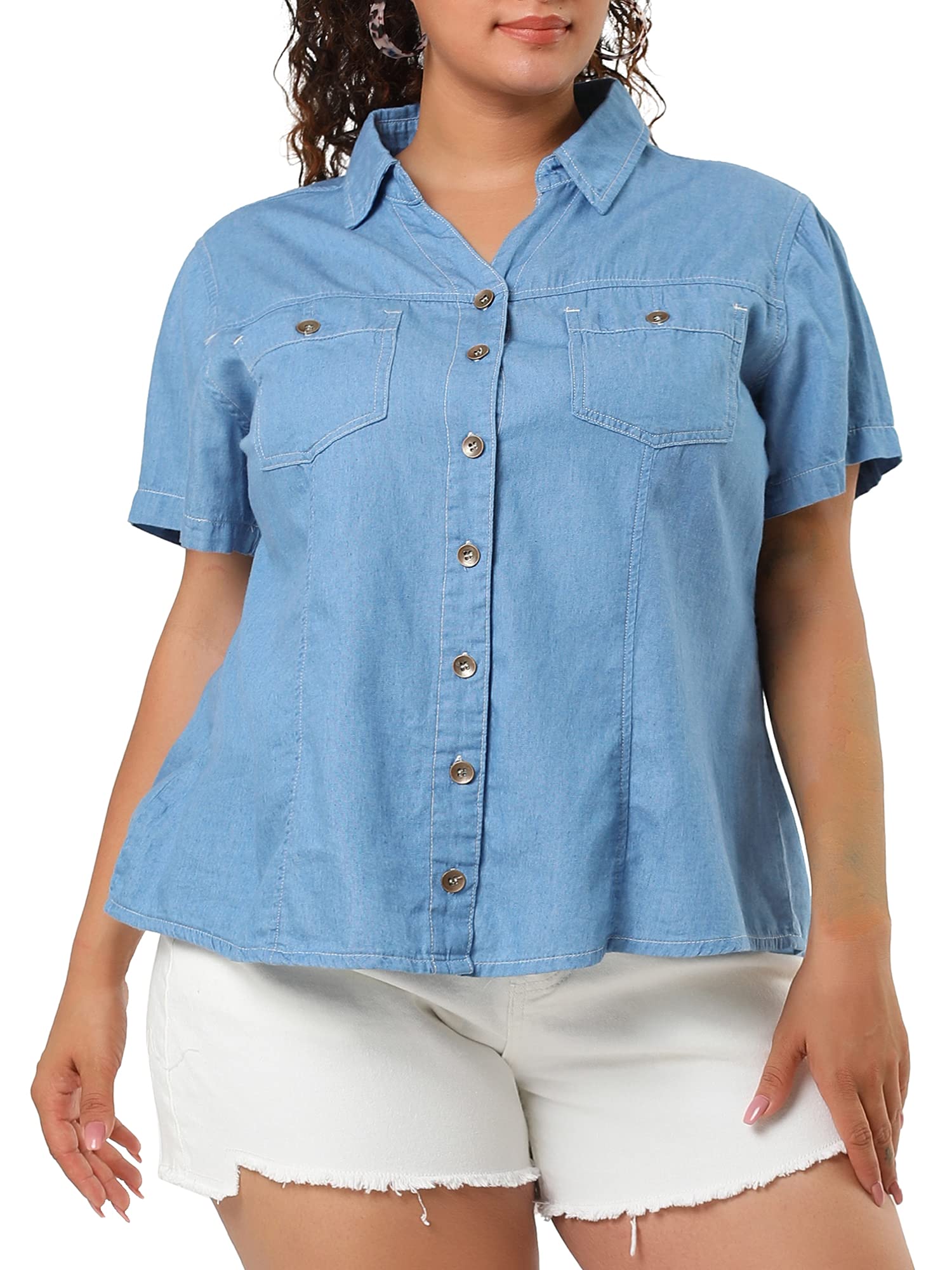 Agnes Orinda Plus Size Denim Shirts for Women - Short Sleeve Chambray Button Down Casual Tops | Perfect for Work, Weekend Outings & Summer Styling