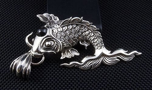 Japanese Koi Fish Black Stone Sterling Silver Gothic Pendant Necklace - Unique Handmade Jewelry for Women, Gothic Fashion Accessory, Perfect Gift for Anime Lovers and Gothic Style Enthusiasts