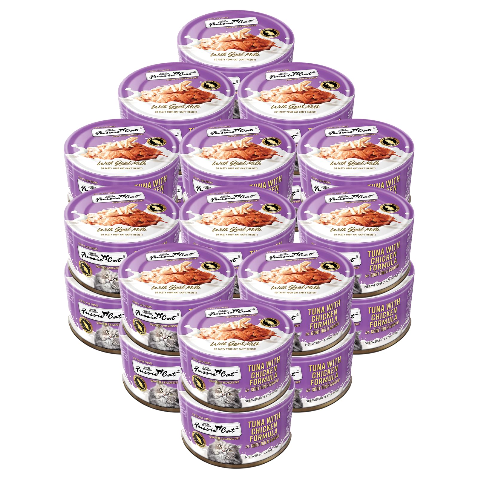 Premium Fussie Cat Wet Cat Food in Goat Milk Gravy - 24 Pack of 2.47oz Cans, Tuna & Chicken Recipe - Grain-Free, High Protein Cat Food for Adult & Senior Cats - Perfect for Picky Eaters & Digestive Health