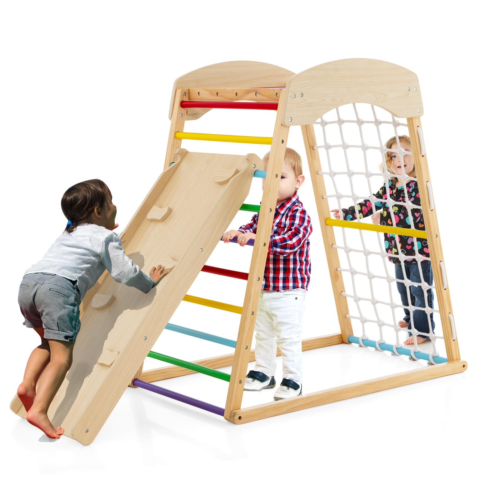Costzon 6-in-1 Montessori Indoor Jungle Gym for Toddlers Ages 2-6 - Wooden Climbing Toys with Double-Sided Slide, Rock Wall & Net - Perfect for Home Playrooms, Daycares & Preschool Classrooms