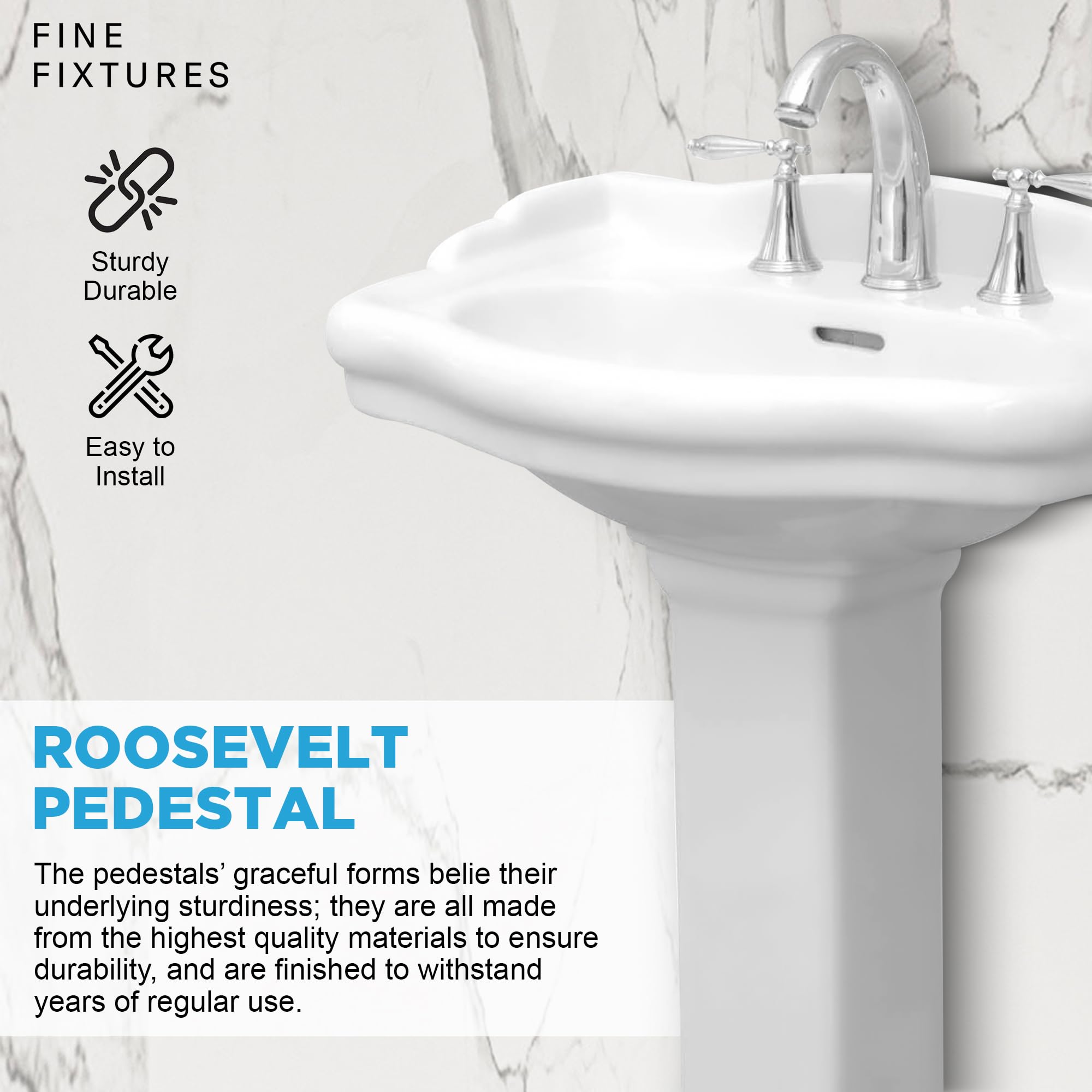 Fine Fixtures Roosevelt 22-Inch Pedestal Bathroom Sink - Durable Vitreous China Ceramic with 8-Inch 3-Hole Faucet - Modern Vanity Sink for Small Bathrooms, Powder Rooms & Guest Baths