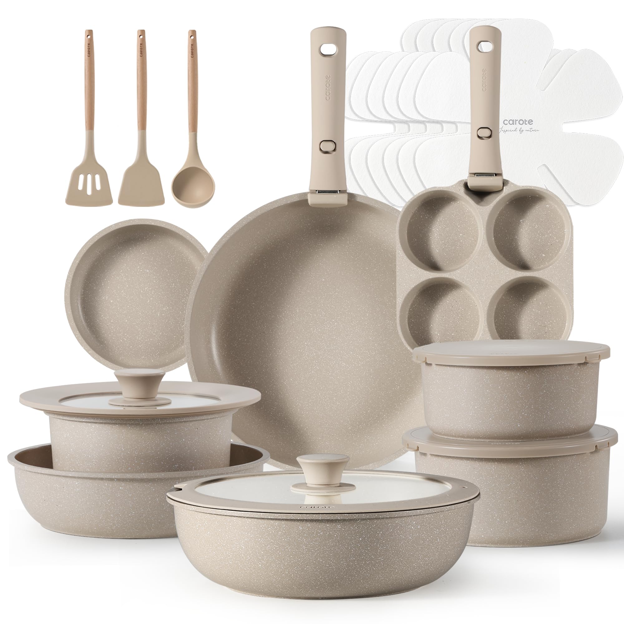 CAROTE 23-Piece Nonstick Cookware Set with Detachable Handles - Induction Compatible, RV & Oven Safe Pots and Pans - Dishwasher Safe Taupe Kitchen Set for Camping, Small Spaces & Everyday Cooking