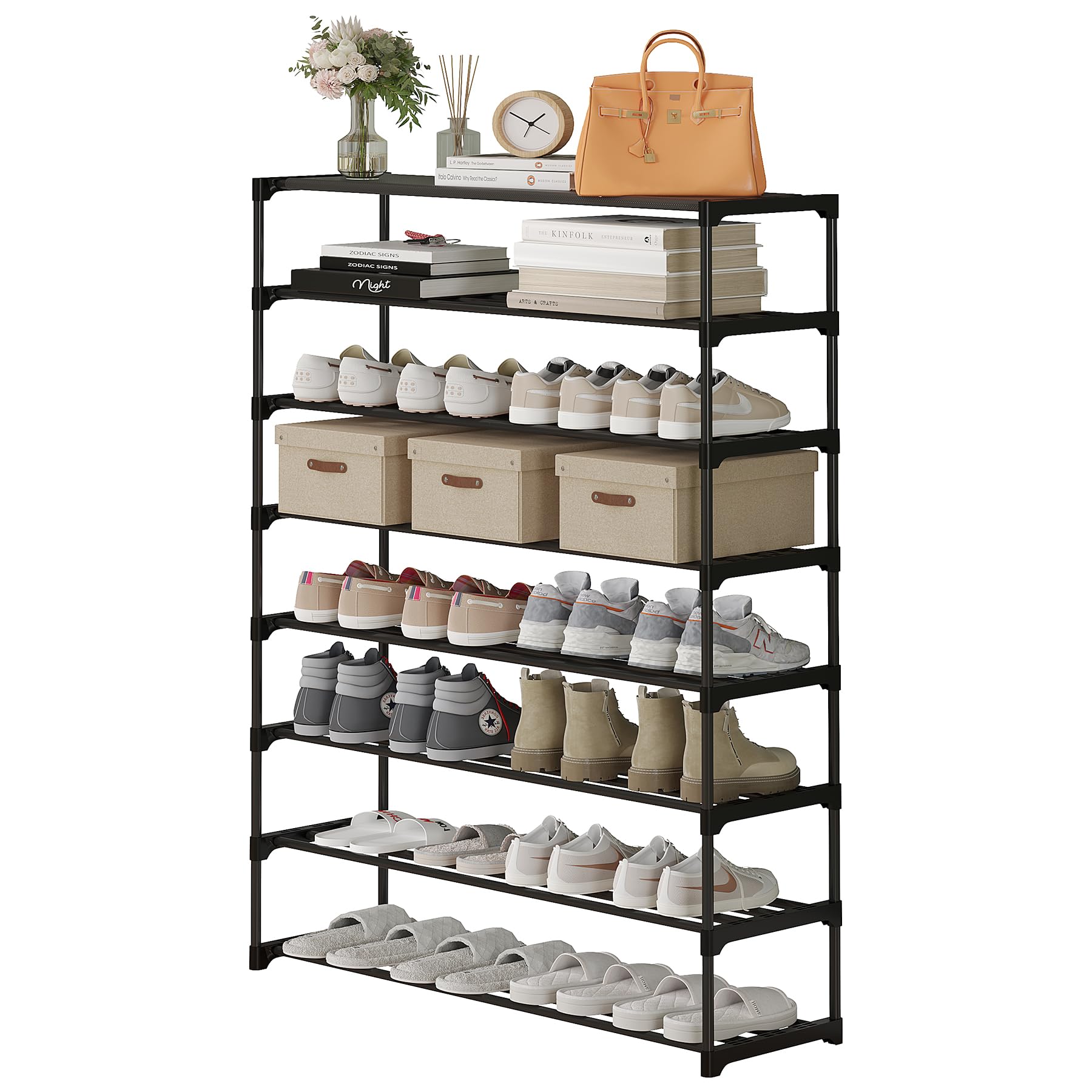 Calmootey 8-Tier Shoe Rack - Large Capacity Organizer Holds 40 Pairs | Stackable Shoe Shelf for Entryway & Hallway | Space-Saving Black Shoe Storage Solution for Home, Apartment & Closet Organization