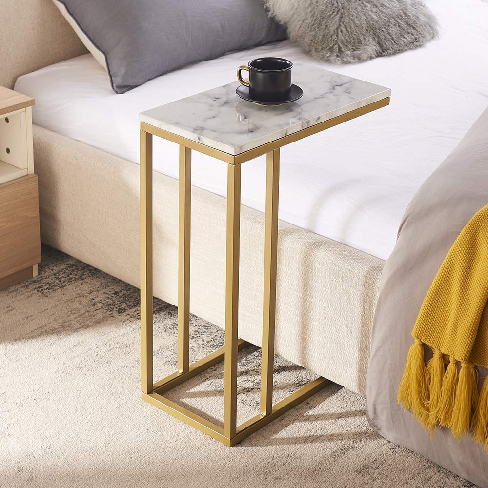 Modern Gold C-Shape Side End Table with Faux Marble Tray - Sturdy Metal Frame Snack Table, Laptop Stand & Coffee Holder - Compact Living Room, Bedroom, Office Furniture (1 Piece)