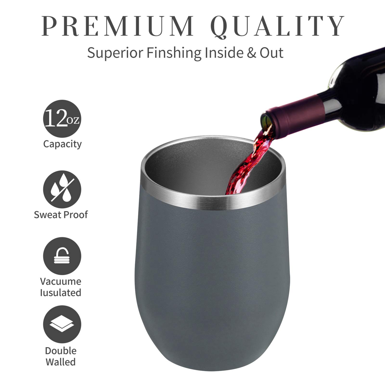 MEWAY 12oz/12 Pack Stainless Steel Wine Tumbler with Lid - Double Wall Vacuum Insulated Travel Mug for Wine, Coffee & Cocktails | Stemless Cups for Home, Office & Outdoor Use | Great Gift Set (Gray, 12-Pack)
