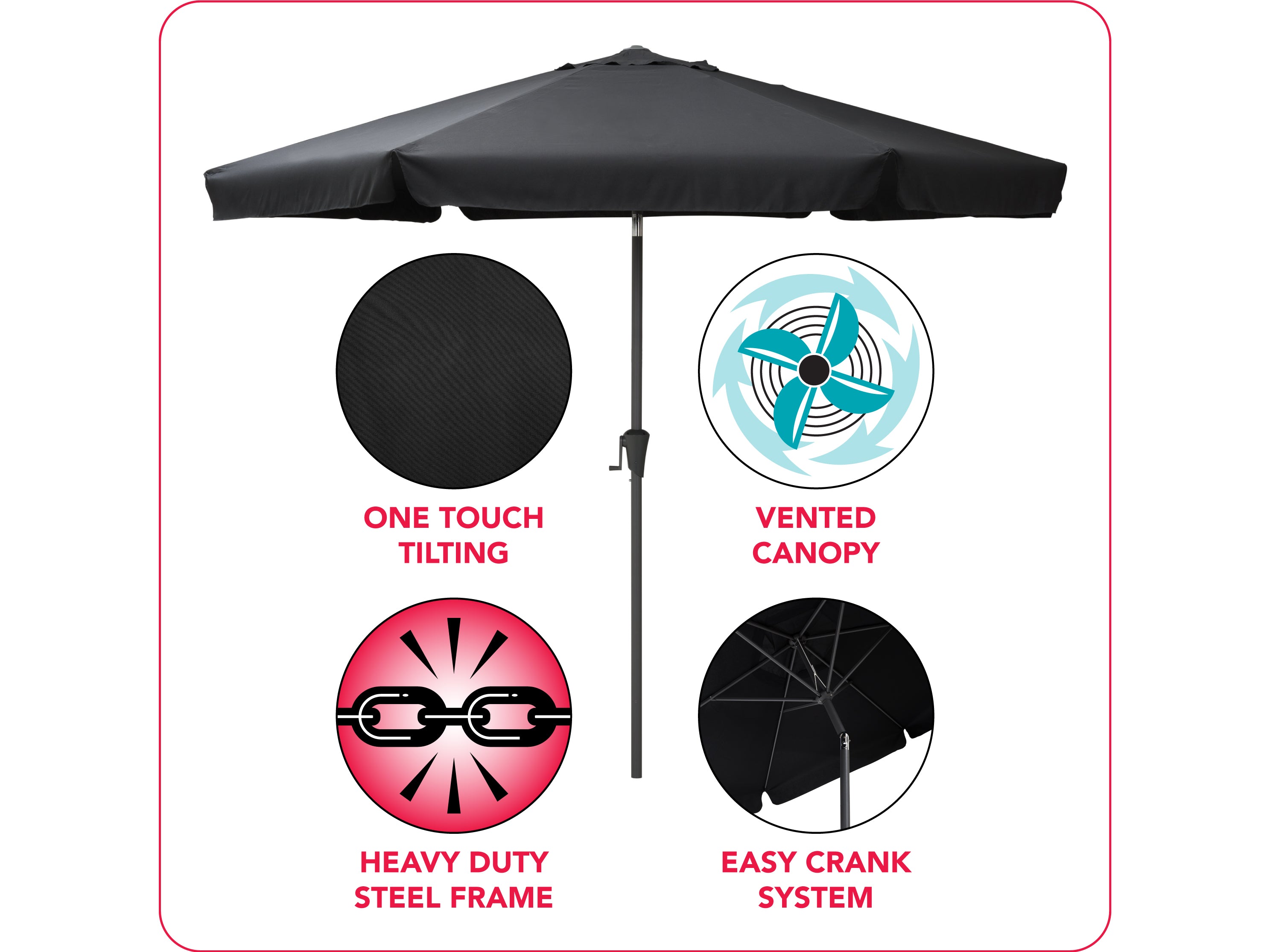 10ft Round Black Patio Umbrella - Outdoor Sun Shade for Garden, Poolside, Deck, and Backyard - UV Protection & Water Resistant