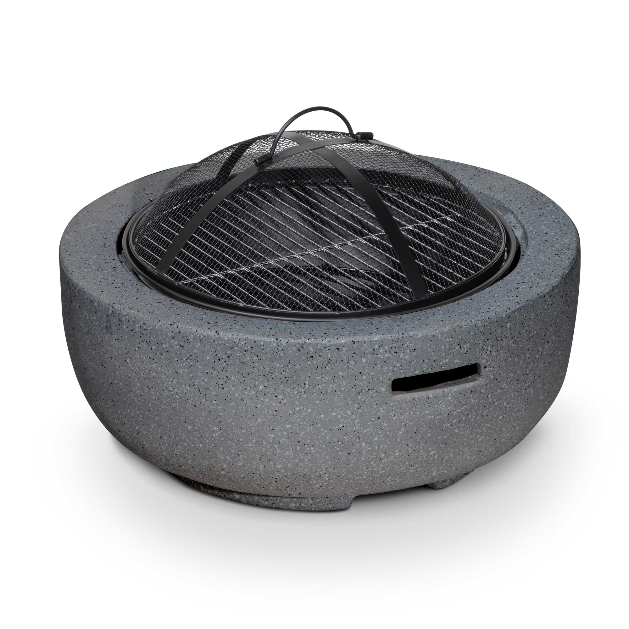 Dark Grey Round MgO Fire Pit with BBQ Grill - 60cm Diameter, Safety Mesh Screen - Perfect for Backyard Camping, Patio Gatherings & Outdoor Cooking