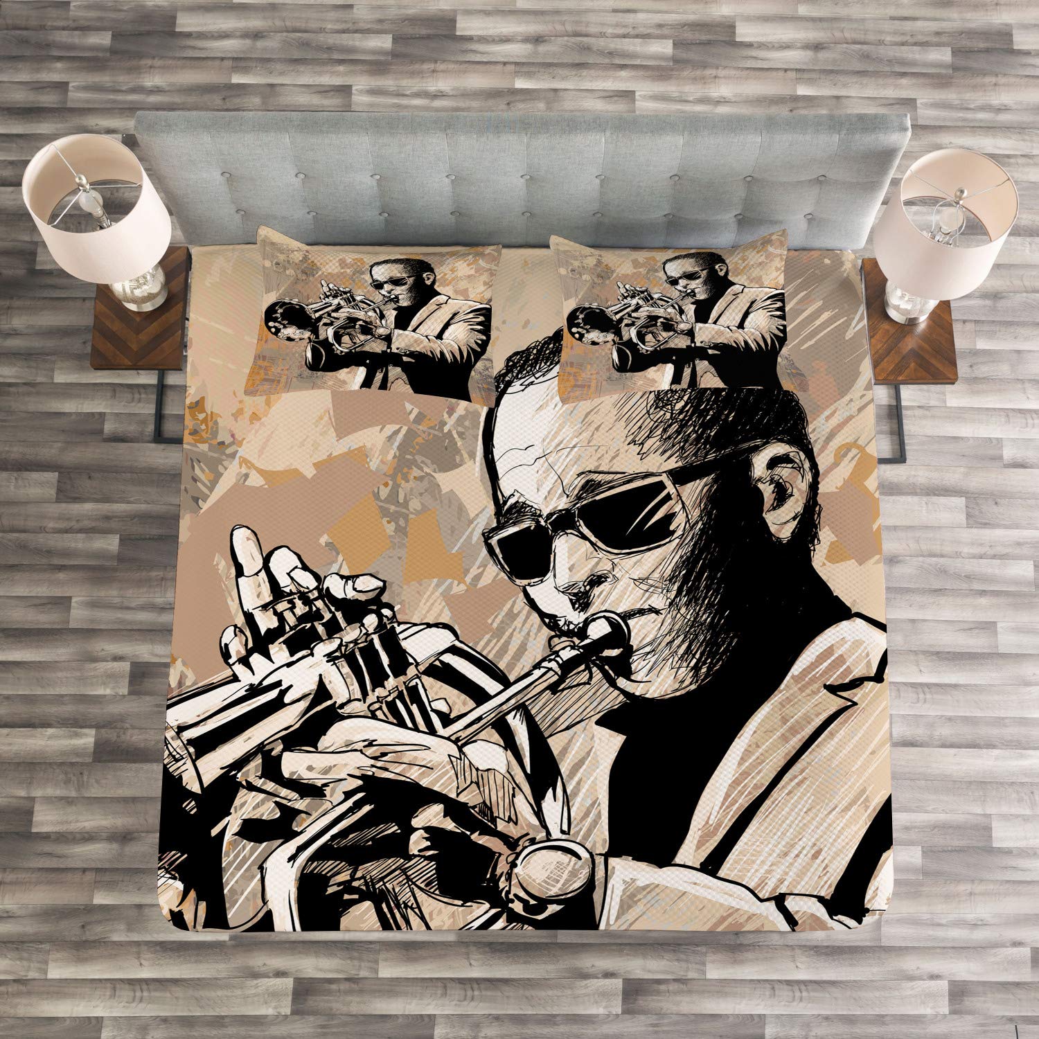 Ambesonne Jazz Music Bedspread Set - Grunge Style Musician Playing Trumpet with Sunglasses - 3 Piece King Size Bedding Set with Coverlet & 2 Pillow Shams in Beige & Black | Perfect for Jazz Lovers' Bedroom Decor & Music Themed Home Styling