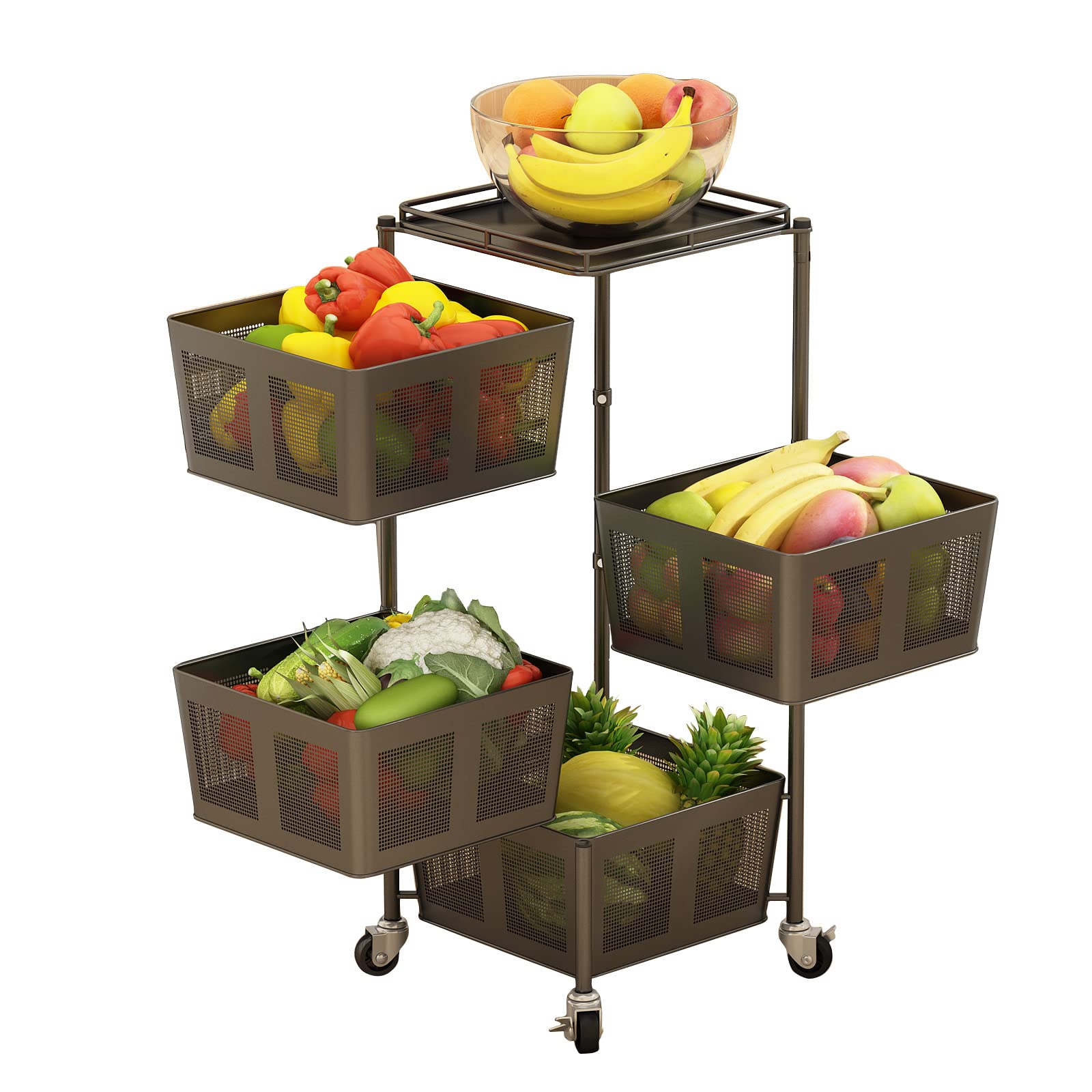 4-Tier Rotating Storage Rack with Metal Shelves - Kitchen Organizer for Fruits, Vegetables & Snacks - Black Rolling Cart for Pantry, Bathroom or Office Organization
