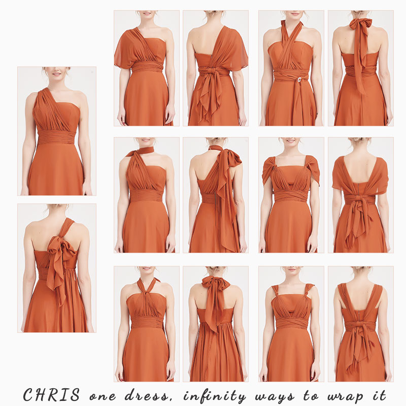 Elegant Convertible Chiffon Bridesmaid Dress - Wrap Style Rusty Red Maxi Gown for Weddings, Parties & Special Occasions