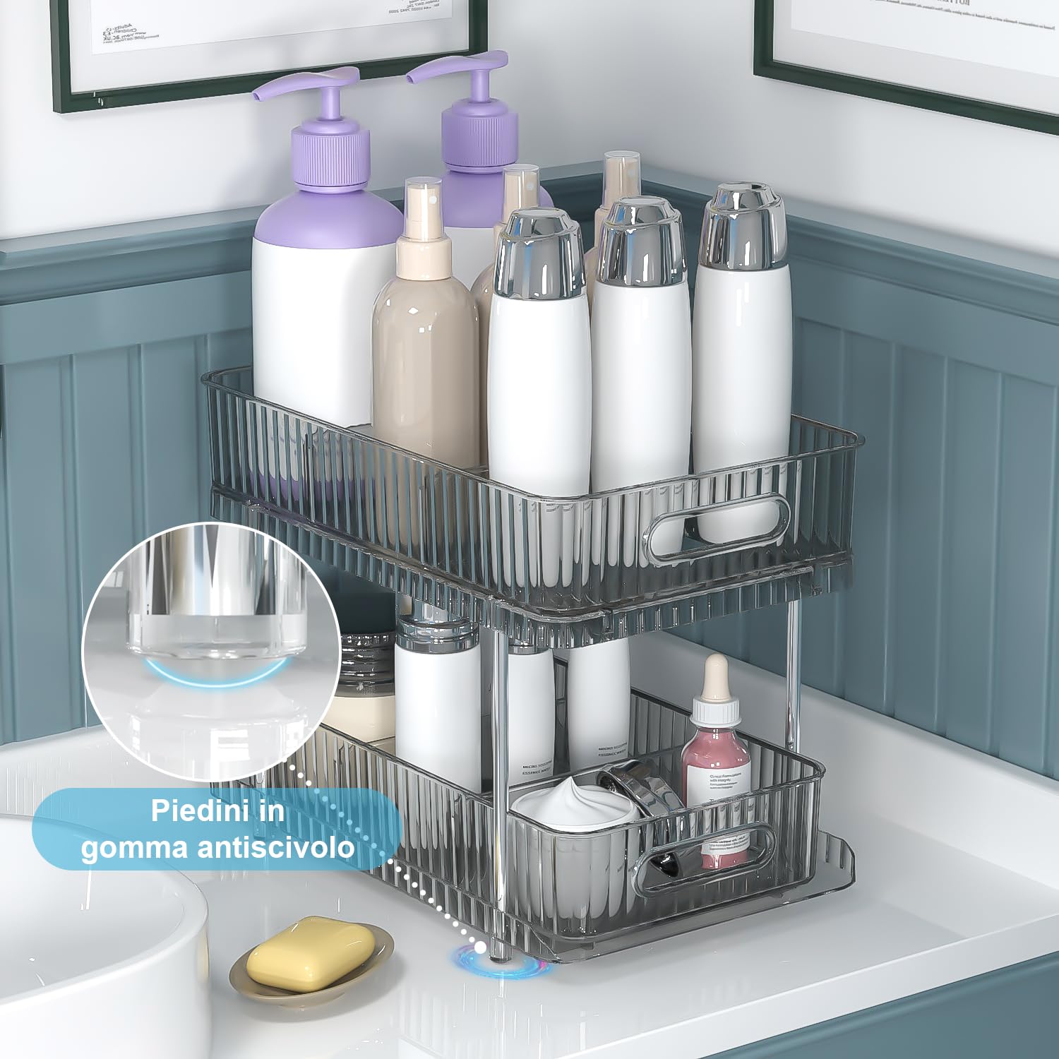 Fowooyeen Under Sink Organizer, Space Saving Kitchen Organizer, Sliding Cabinet Shelf, Under Sink Rolling Cart, Pantry & Bathroom Storage Shelf - 2 Pack Gray Transparent | Perfect for Small Kitchens & Bathrooms