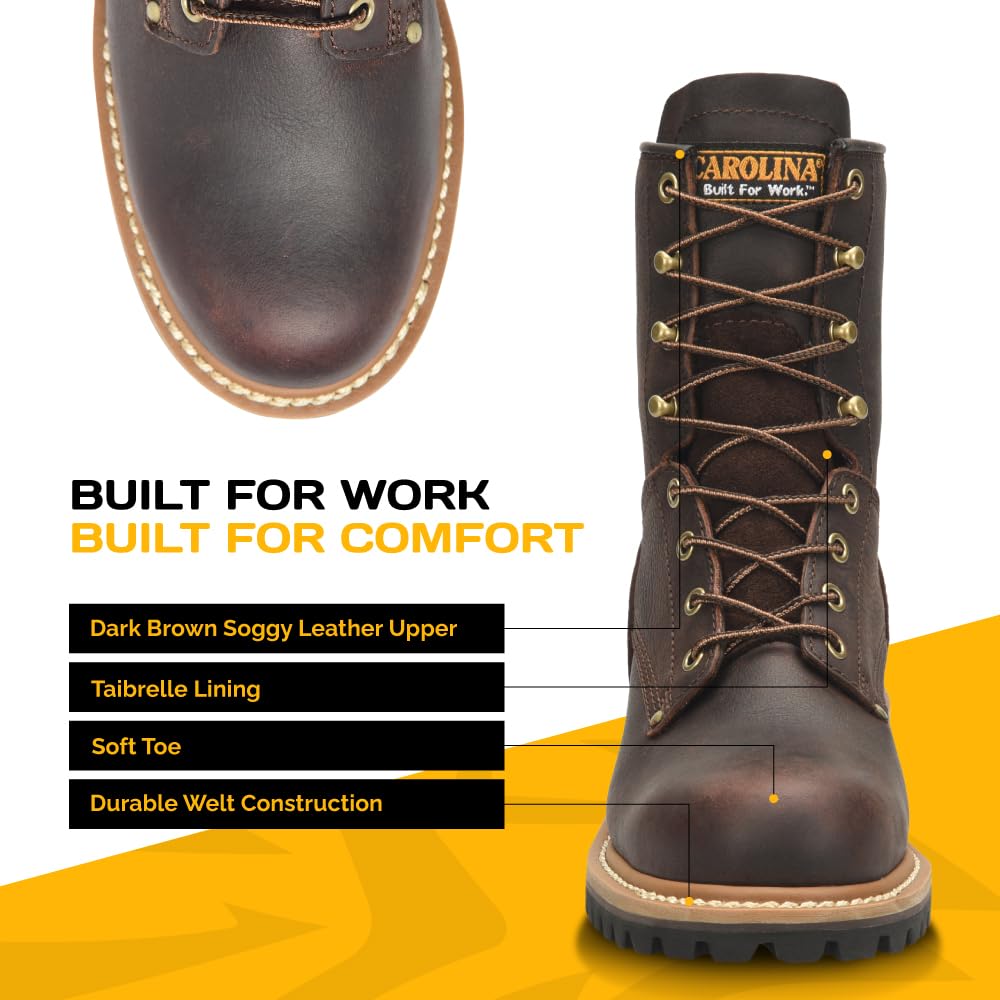 Women's Carolina Elm 8-Inch Logger Work Boots - Rugged Leather Upper, Cushioned Footbed, Oil & Slip-Resistant Outsole - EH Rated Safety Boots for Construction, Hiking & Outdoor Work