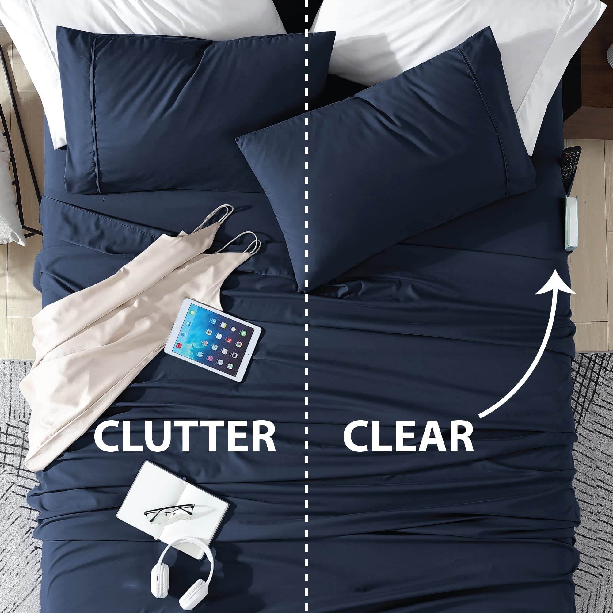 Swift Home Smart Sheets - Ultra Soft Brushed Microfiber 3-Piece Sheet Set with Side Storage Pockets | Twin Size Navy Blue Bedding | Perfect for Dorms, Guest Rooms & Small Spaces