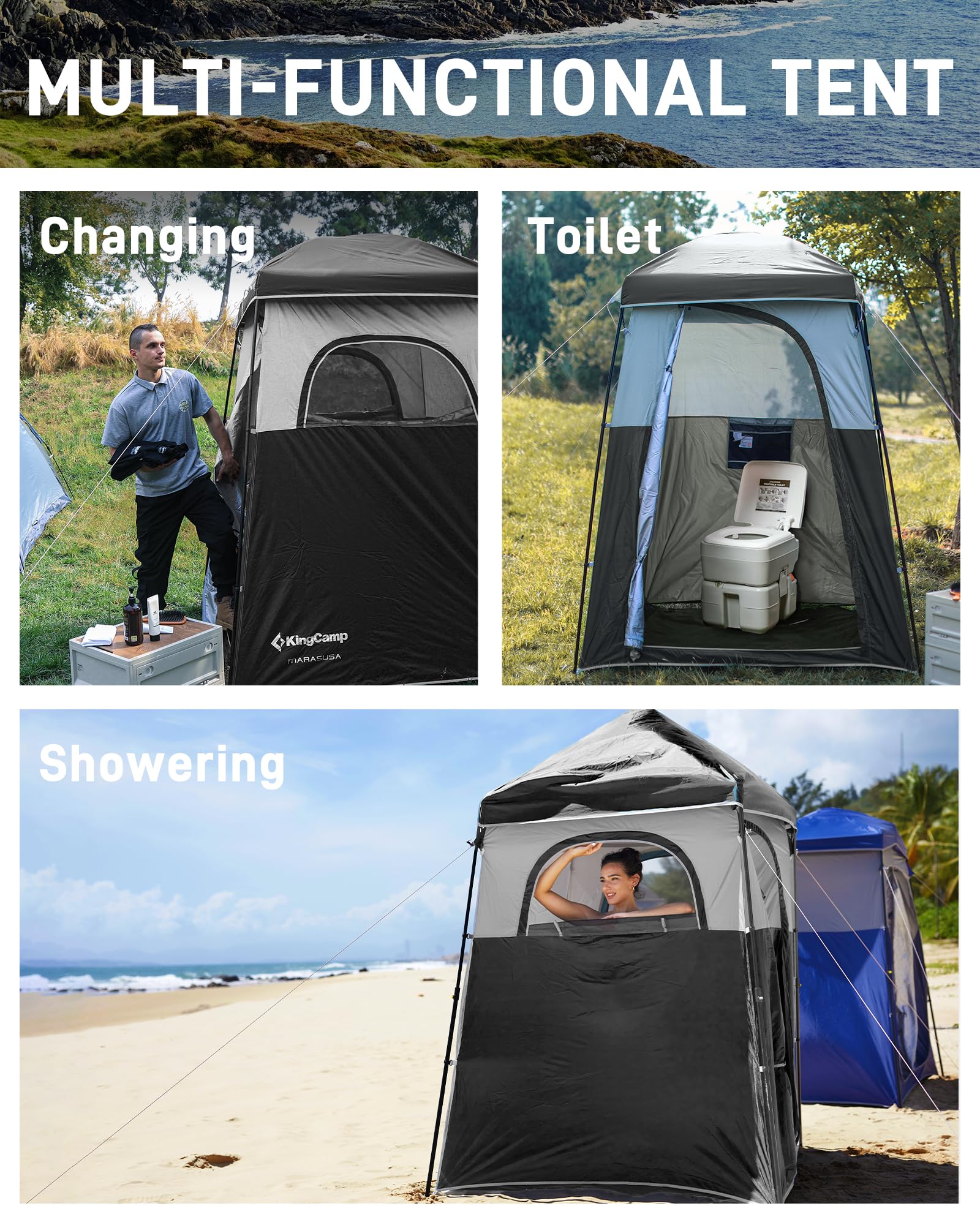 **KingCamp Oversized Camping Shower Tent - Portable Privacy Shelter for Outdoor Showers & Changing Room | Easy Setup, Includes Shower Bag | Ideal for Camping, Beach, RV Trips & Backpacking (1 Room/2 Room Options)**