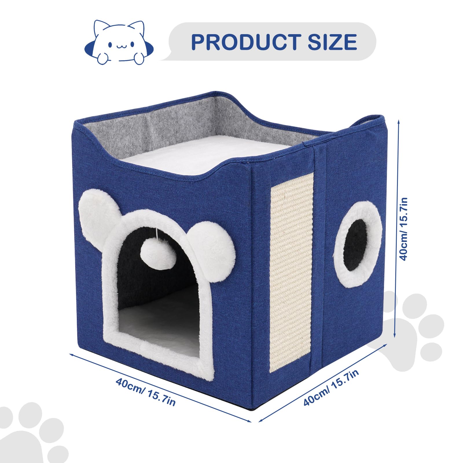 Premium Large Foldable Cat Bed for Indoor Cats - Soft & Cozy with Scratch Pad, Hanging Fluffy Ball & Mini Hole Cat Condo (Blue) - Perfect for Napping, Playtime & Relaxation in Living Rooms & Bedrooms