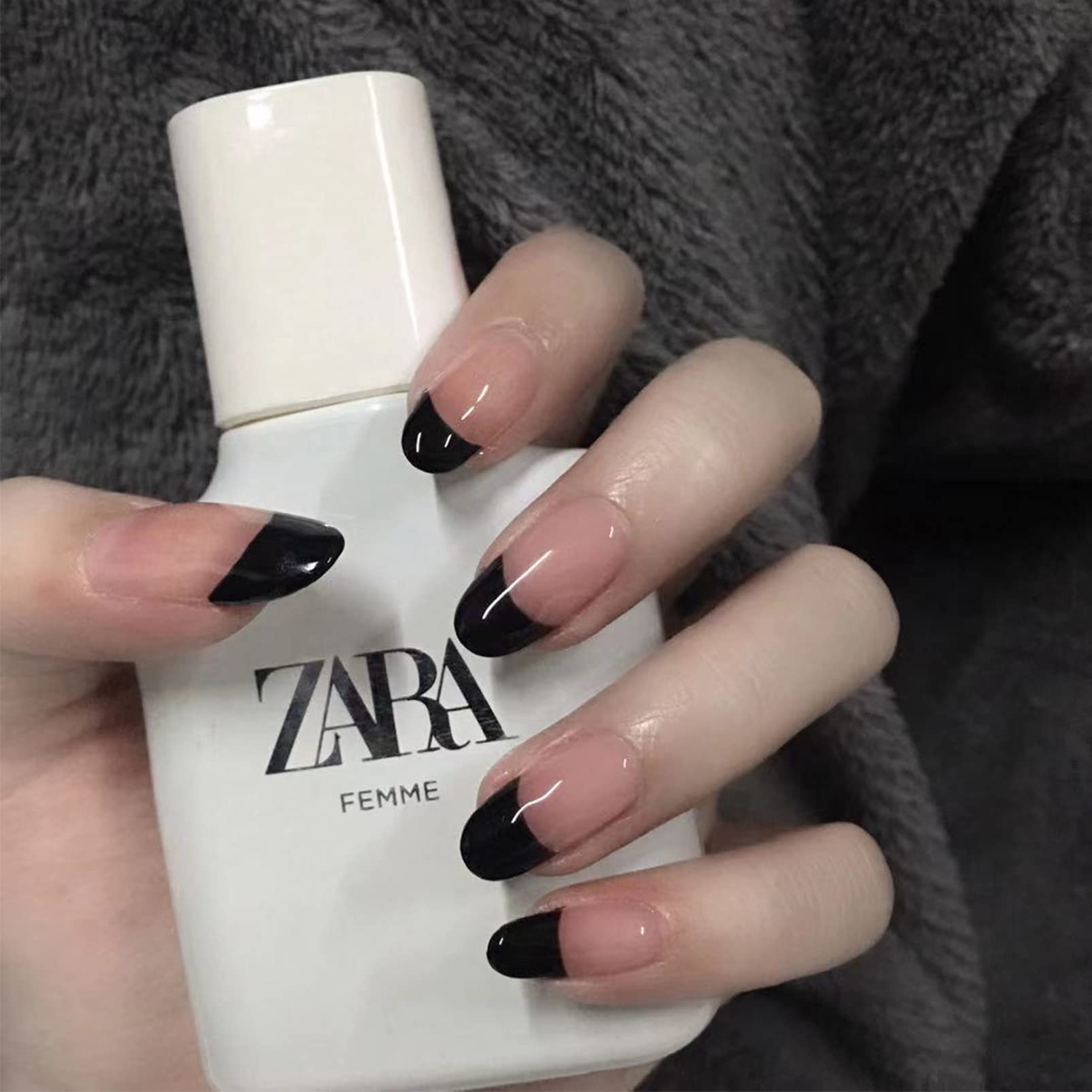 24Pcs Short Almond Fake Nails - Black French False Nails with Nail Glue, Oval Press on Nails for Women & Girls | Nude French Tips, Full Cover Stick on Nails for Daily Wear, Parties & Special Occasions