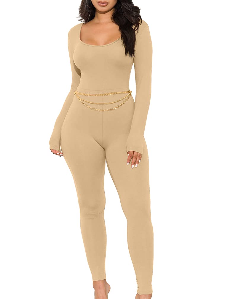 GOKATOSAU Women's Sexy Long Sleeve Bodycon Jumpsuit - Solid Color Clubwear & Party Outfit for Night Out, Date Night, and Special Occasions