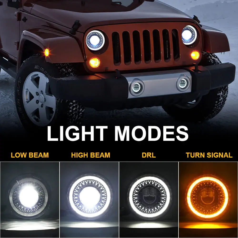 LOYO 7 Inch Dragon Eye LED Headlights with Amber Turn Signals + 4 Inch Fog Lights Halo Ring Kit for Jeep Wrangler JK TJ LJ (1997-2017) - Off-Road Adventure & Night Driving Upgrade