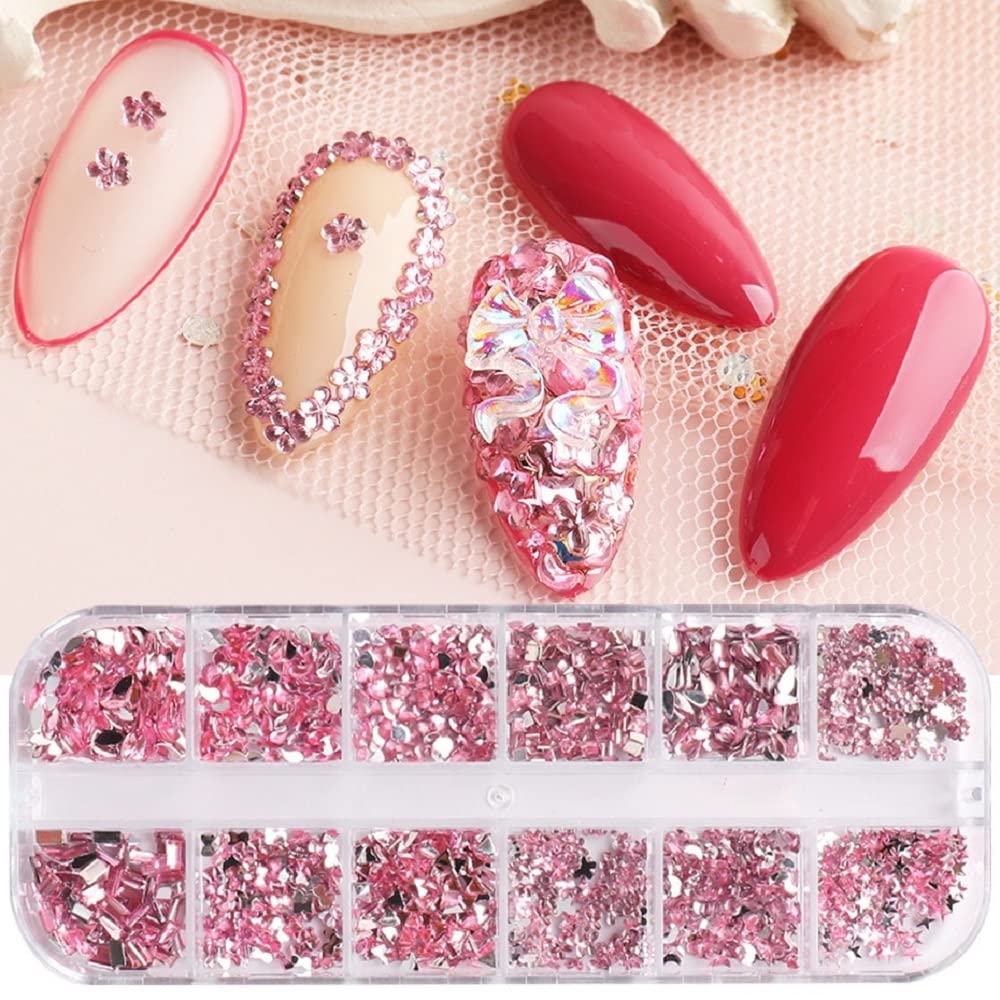12 Grids Pink Crystal Rhinestone Nail Art Kit - Butterfly, Star, Moon & Flower Shapes for DIY Manicure & Nail Design | Perfect for Home Salon, Party Nails & Professional Nail Artistry