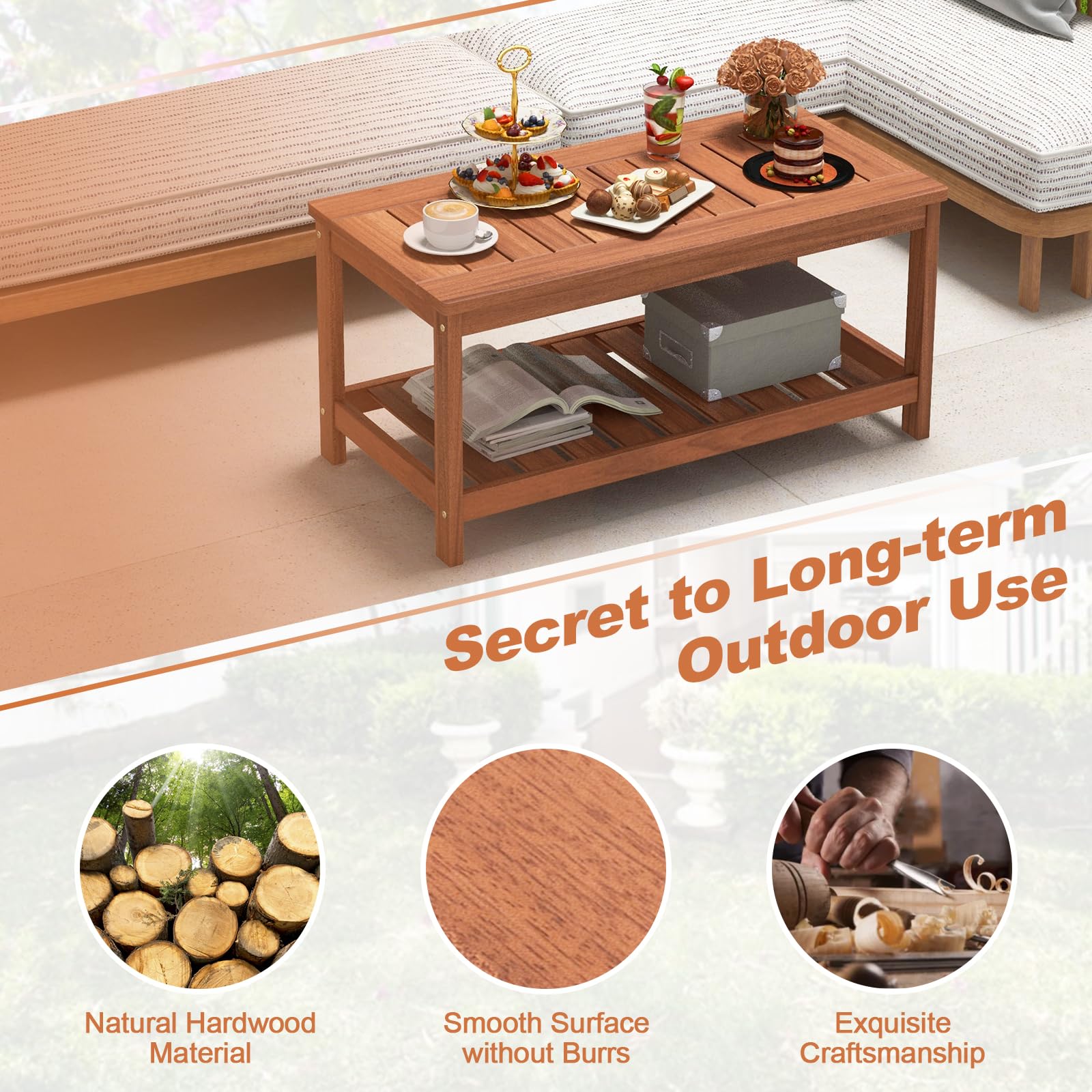 Giantex Hardwood Patio Coffee Table - 2-Tier Wooden Coffee Table with Slatted Tabletop & Storage Shelf, Outdoor Rectangular Center Table for Backyard, Garden, Poolside, Balcony & Indoor, Walnut - Perfect for Outdoor Gatherings, BBQ Parties, and Relaxing by the Pool