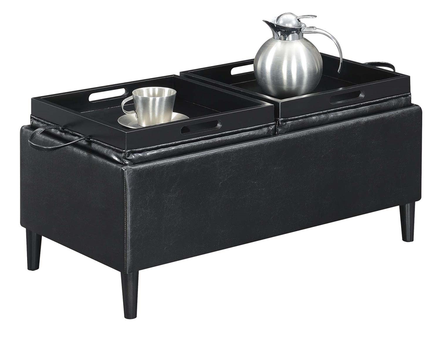 Convenience Concepts Designs4Comfort Magnolia Storage Ottoman with Reversible Trays - Black Faux Leather Footrest Bench for Living Room, Bedroom & Home Office