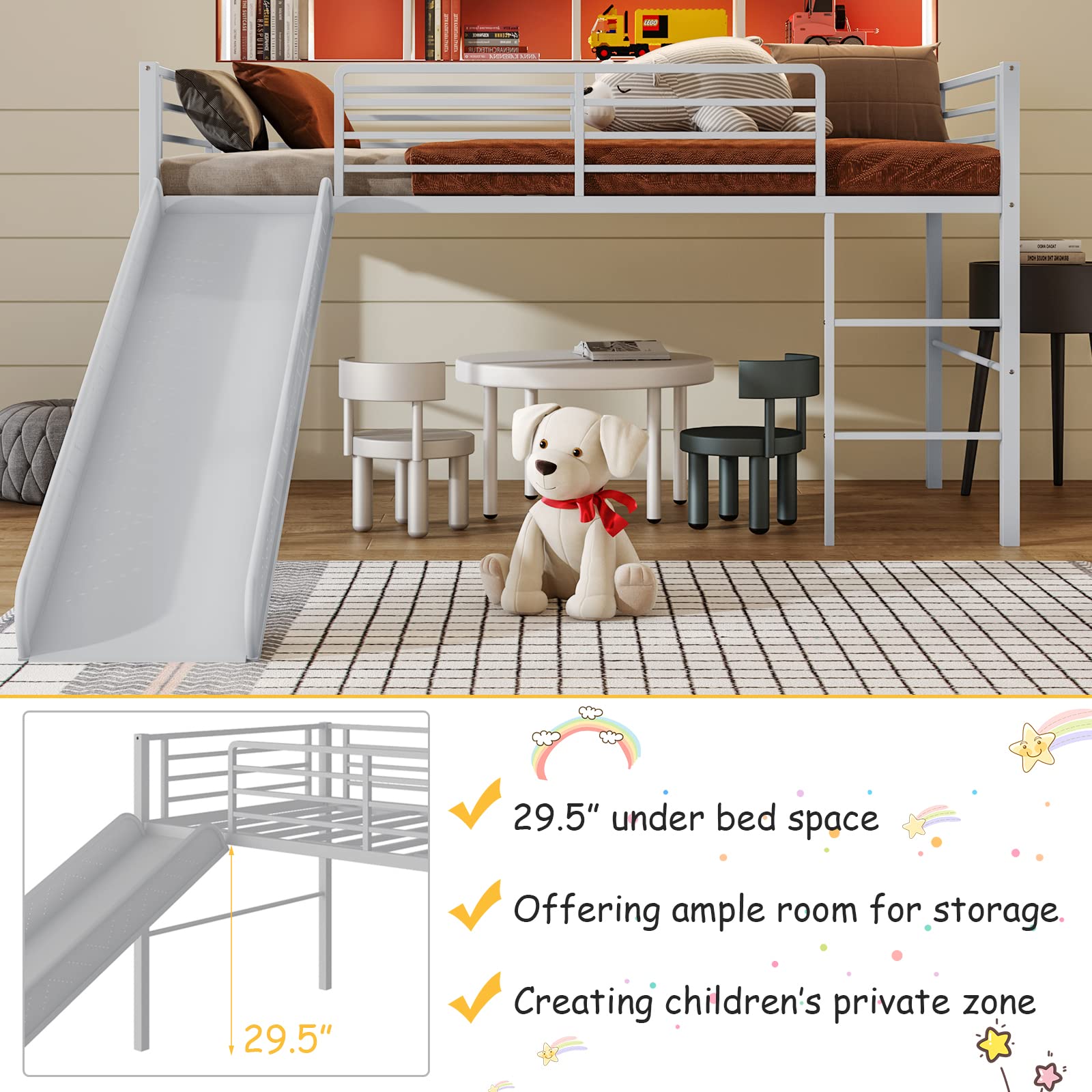 **Giantex Twin Loft Bed with Slide - Sturdy Metal Low Bunk Bed for Kids, Safety Guardrails & Built-in Ladder, No Box Spring Needed, Toddler Bed Floor Frame for Boys & Girls (Silver) - Perfect for Small Bedrooms, Playrooms & Sleepovers**