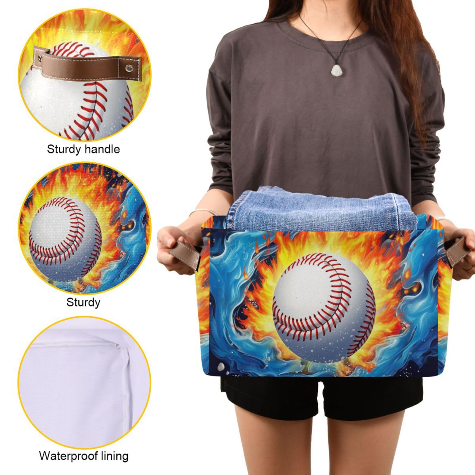 Baseball Pattern Foldable Storage Baskets - 2 Pack Rectangle Fabric Organizer Box with Handles for Clothes, Toys & Home Organization | Perfect for Bedroom Closet, Office Shelves & Kids Room Storage