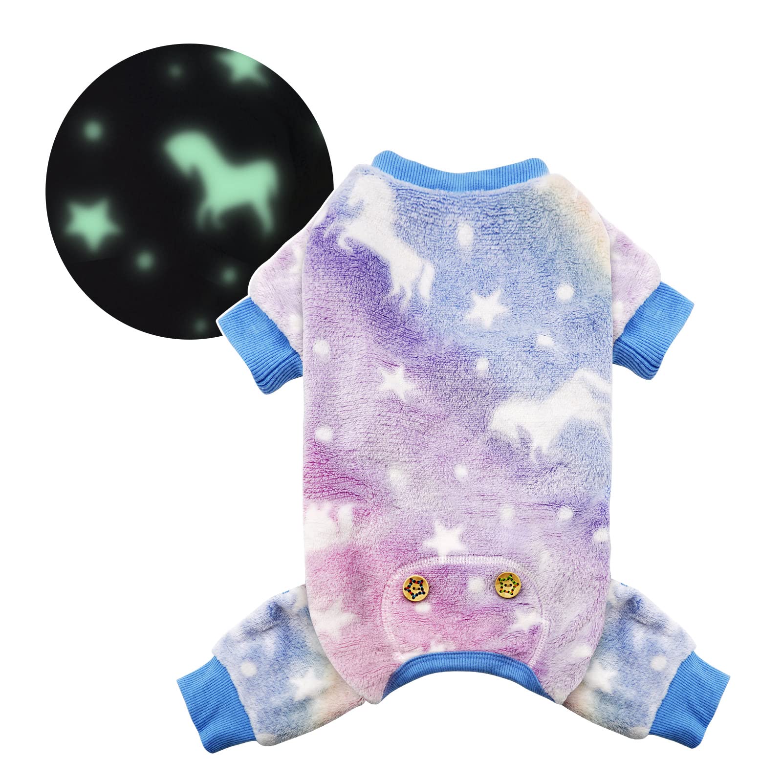 KYEESE Tie Dye Glow in The Dark Unicorn Dog Pajamas - Soft Velvet Winter Onesie Outfit for Small Medium Large Dogs - Warm Pet PJs for Cold Weather, Nighttime Walks & Indoor Lounging