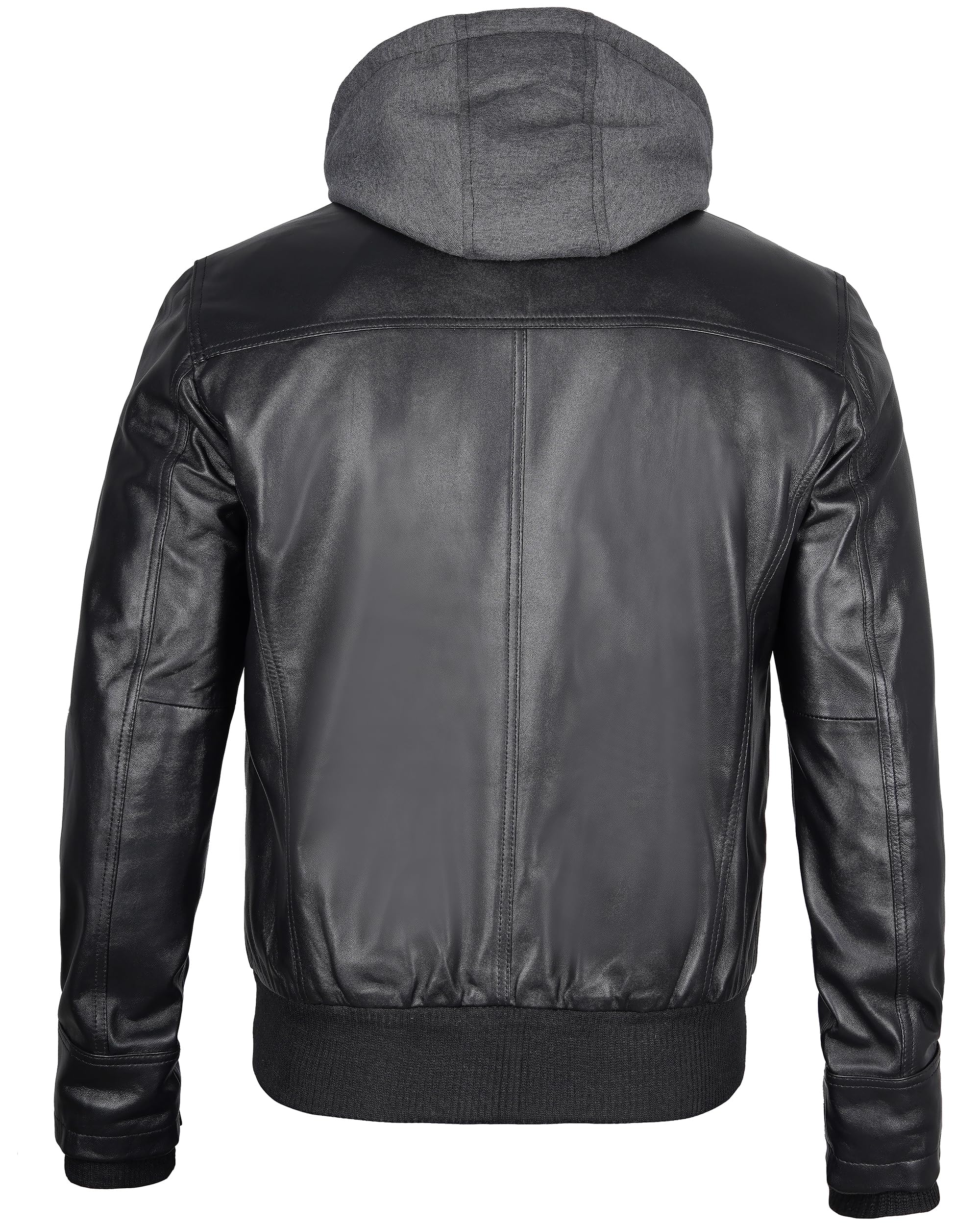 Decrum Men's Hooded Leather Bomber Jacket - Premium Genuine Leather with Removable Hood for Casual & Motorcycle Riding | Winter & Fall Outerwear