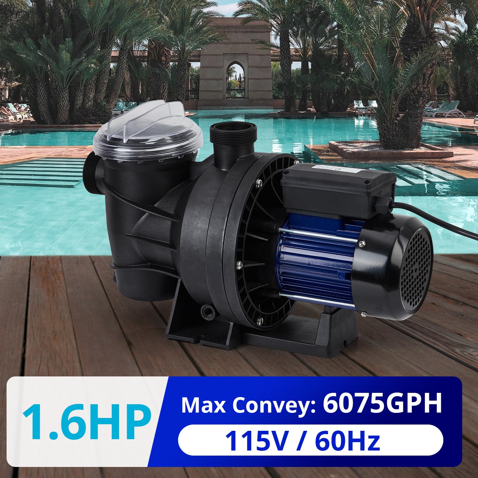 1.6HP High Flow Swimming Pool Pump - 6075GPH, 1200W/115V Single Speed Water Pump for Inground & Above Ground Pools with Filter Basket | Powerful Priming, Low Noise | Perfect for Family Backyard, Vacation Homes & Commercial Pools