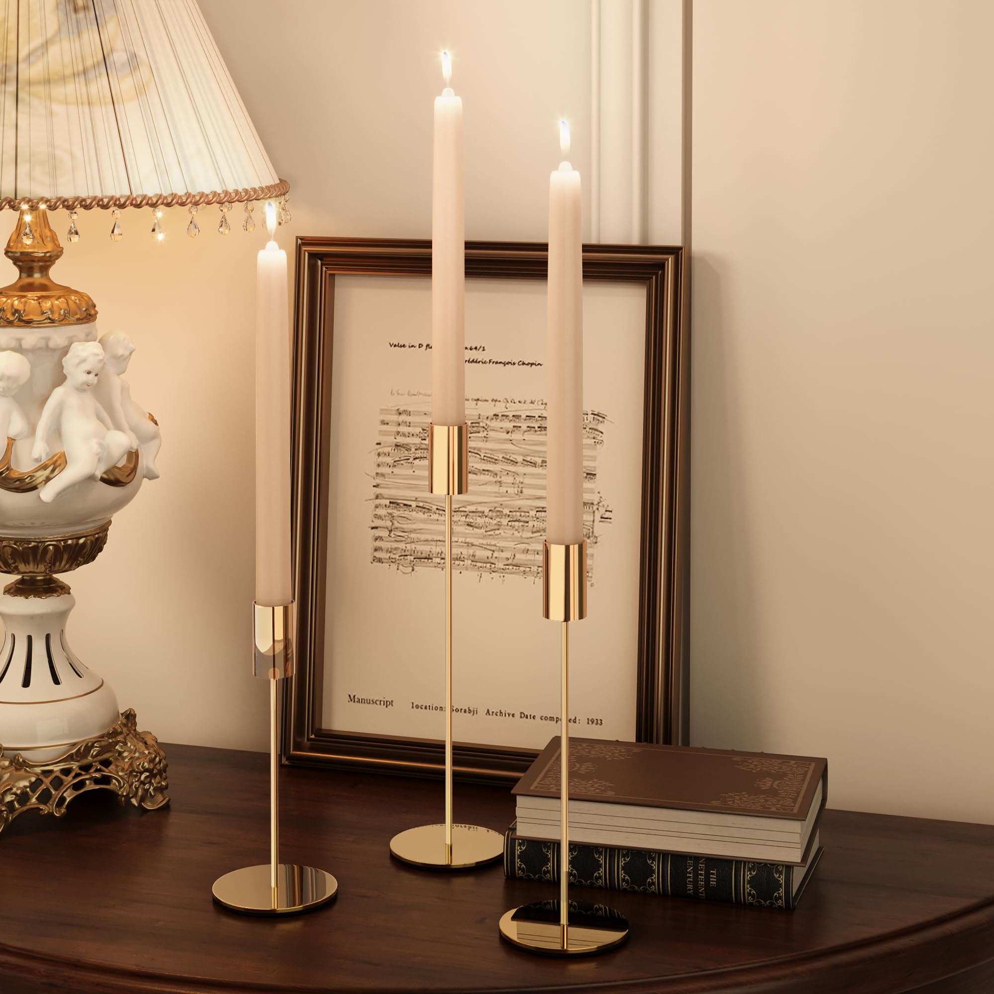 French Gold Candlestick Holders Set of 3 - Elegant Taper Candle Holders for Weddings, Dining & Parties - Fits 3/4 Inch Candles - Perfect for Romantic Dinners, Centerpieces & Home Decor