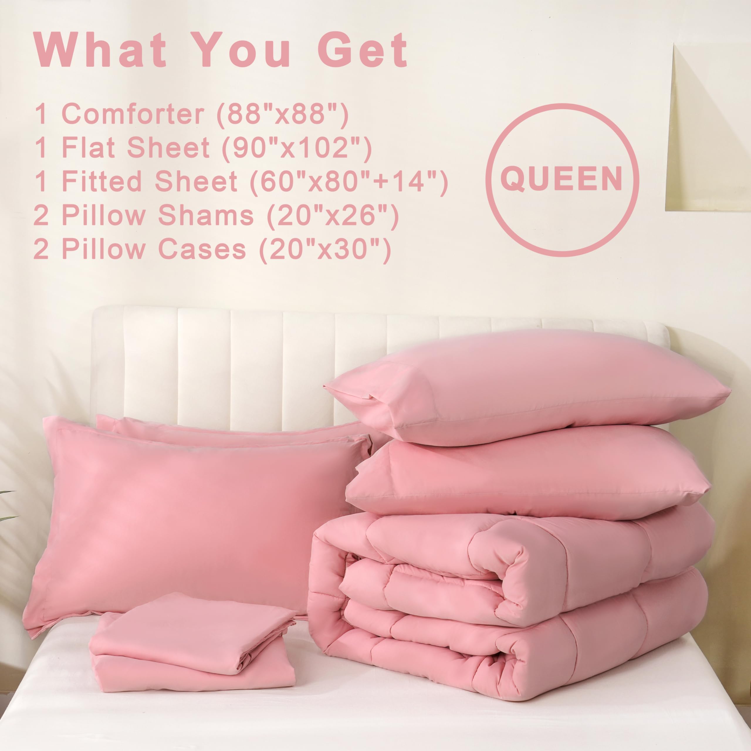 DOWNCOOL Queen Comforter Set - 7 Piece All Season Down Alternative Bedding in a Bag (Comforter, Flat Sheet, Fitted Sheet, 2 Pillow Shams & 2 Pillowcases) - Soft Pink Luxury Bedding for Master Bedroom, Guest Room & Dorm