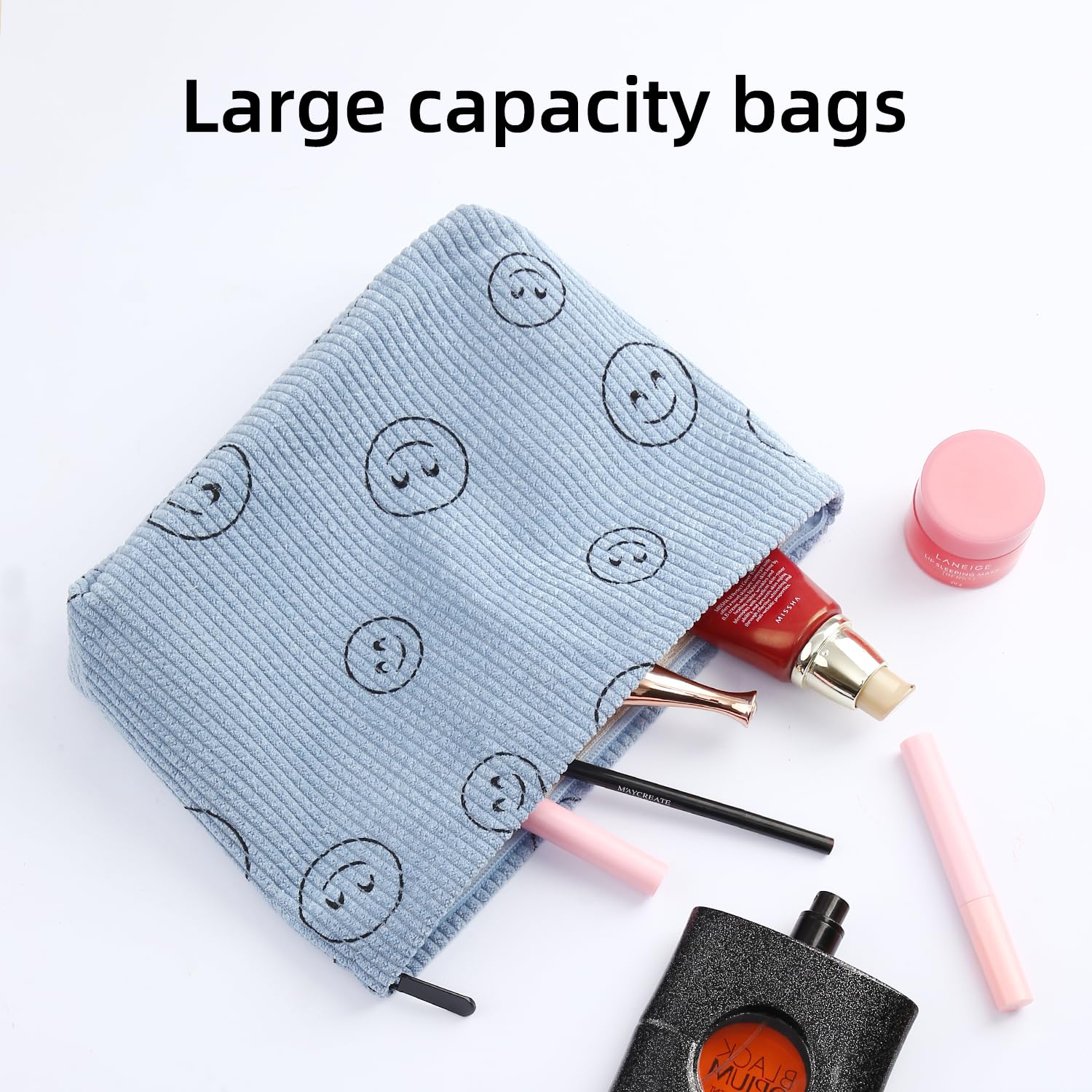 Preppy Cute Corduroy Cosmetic Bag for Women | Travel Makeup & Toiletry Organizer | Waterproof & Durable | Perfect for Gym, Vacation & Daily Use (Blue)
