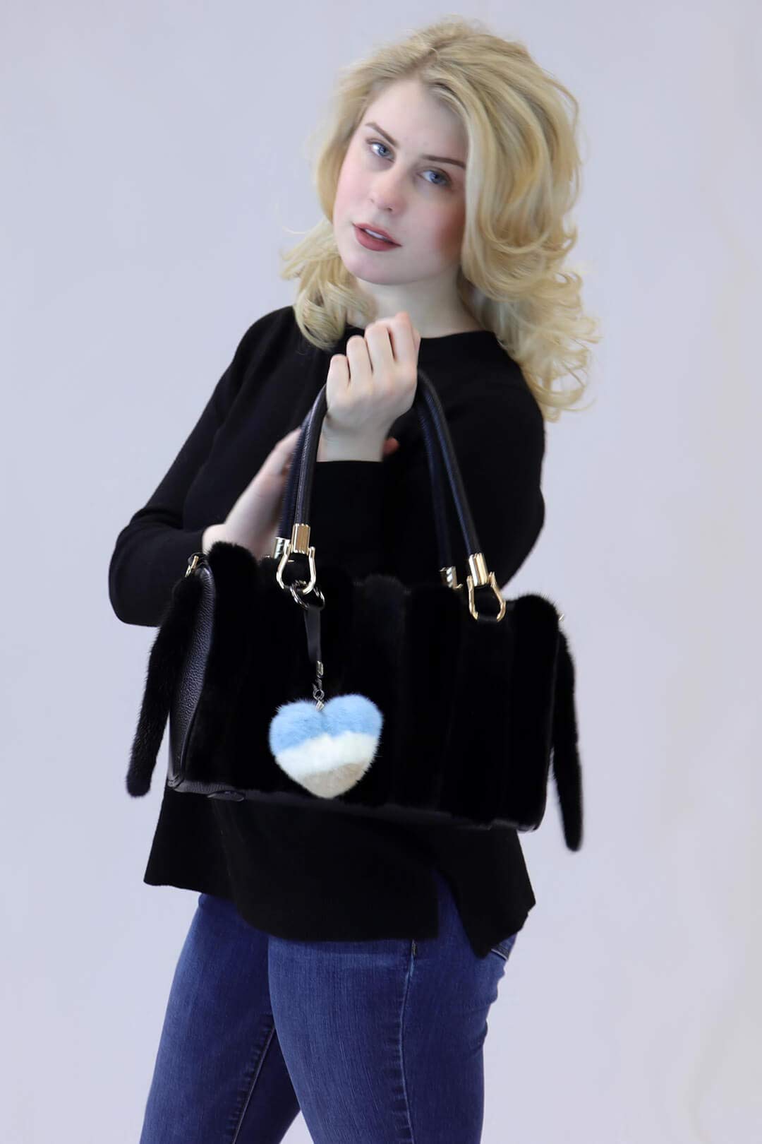 Surell Heart Keychain - Real Mink Fur Heart Shaped Keyring (Blue, White, Grey) | Soft Plush Valentine's Day Gift for Her | Cute Fluffy Keychain for Backpack, Purse, Wallet | Perfect Girlfriend Gift & Everyday Carry Accessory