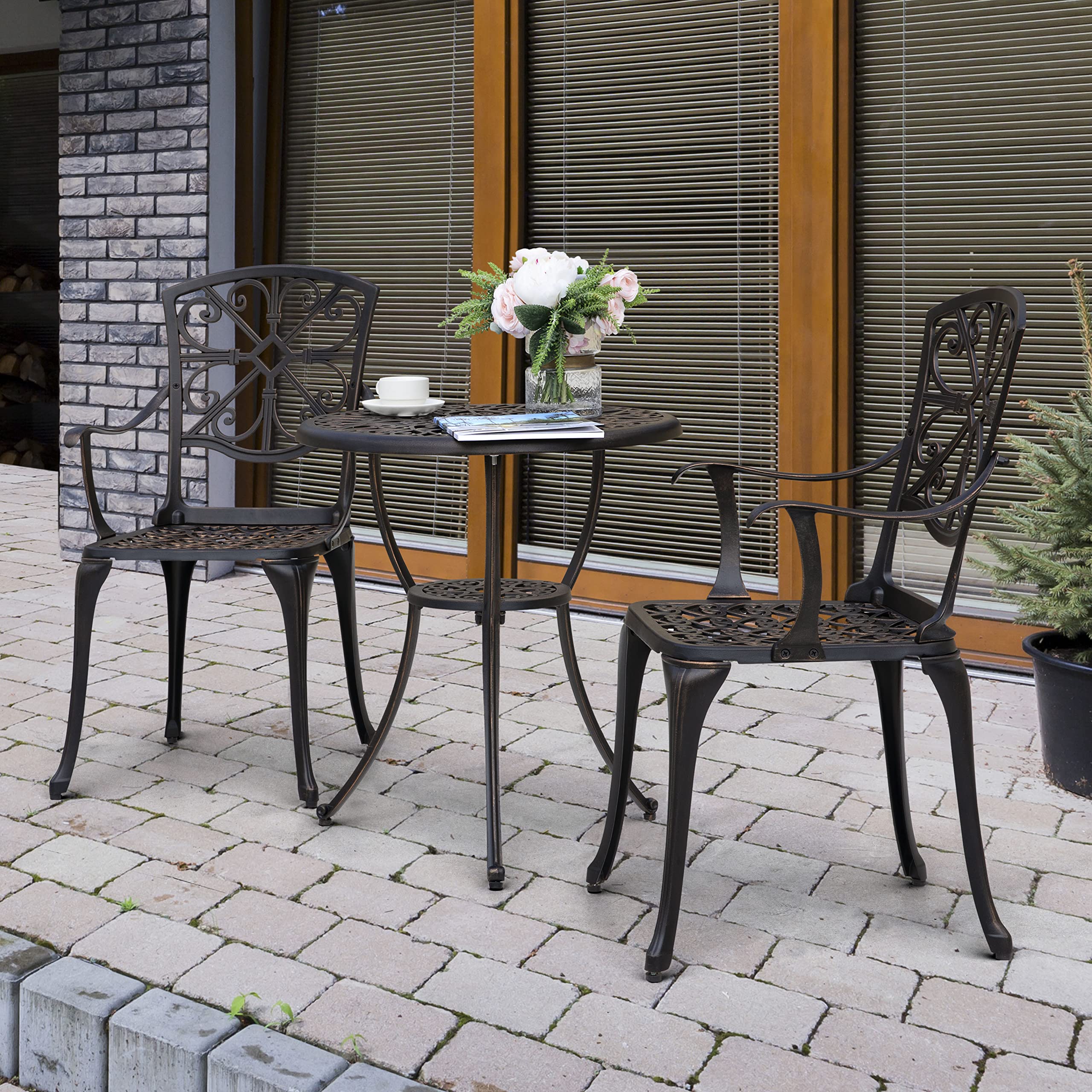 NUU GARDEN 3-Piece Outdoor Bistro Set - Rustproof Cast Aluminum Patio Table and Chairs with Umbrella Hole - Perfect for Backyard, Balcony, Front Porch, Garden & Poolside (Black)