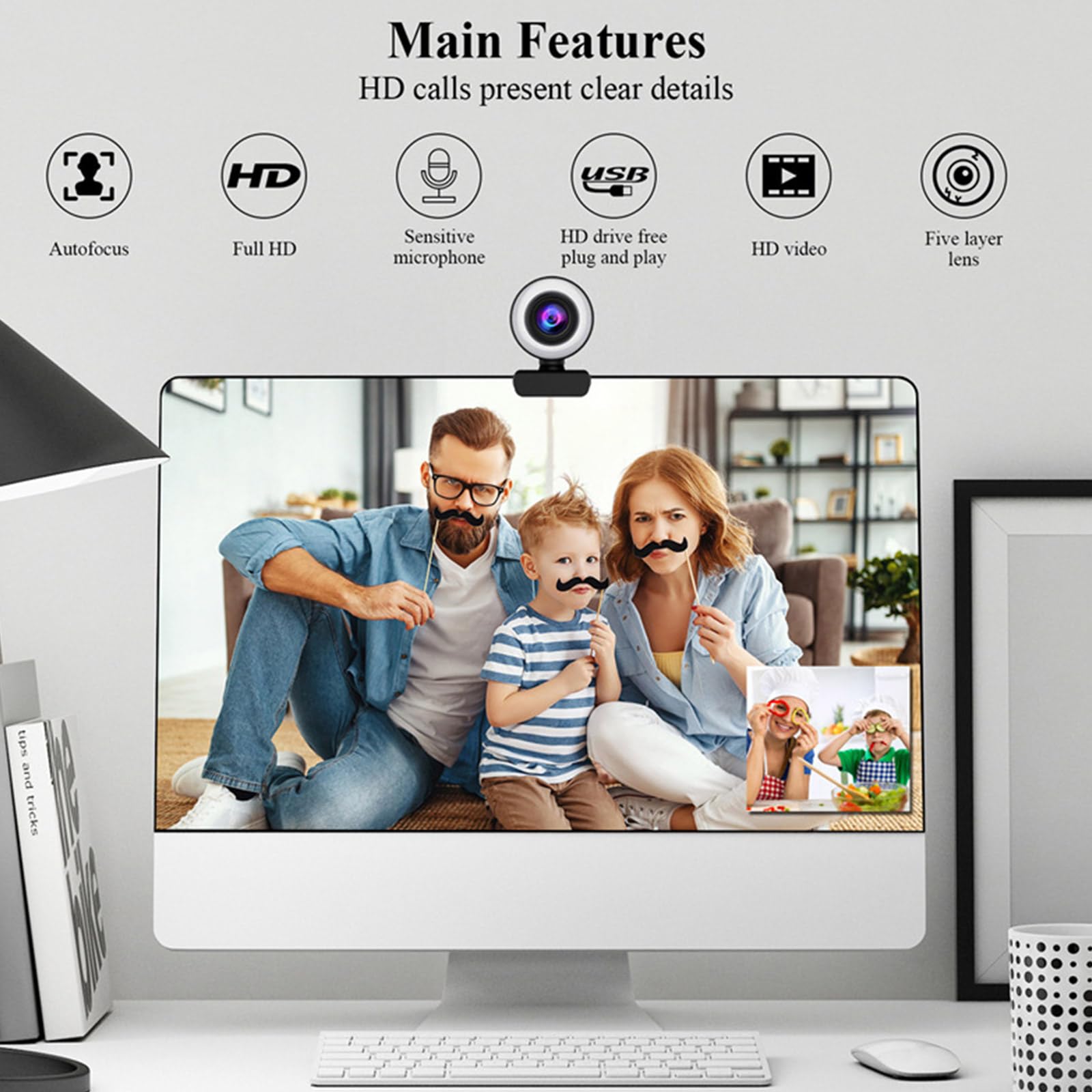 Bydezcon B12 1080P HD Webcam with Built-in Fill Light, Rotatable USB Computer Camera for Video Conferencing, Live Streaming, Online Learning & Remote Meetings - Perfect for Zoom, Skype, Teams & Webinars
