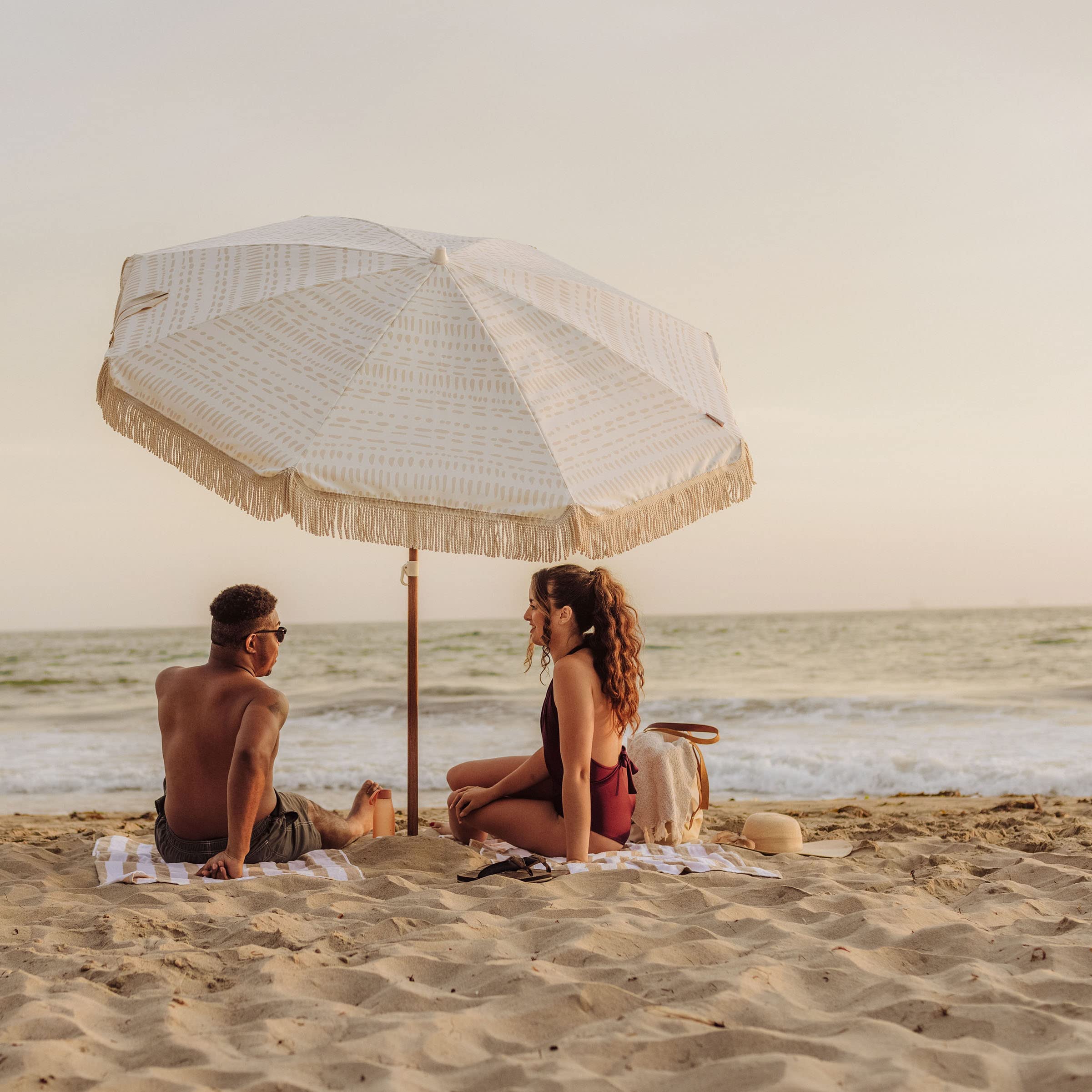 BEACH STATE Summerland 6.5ft Fringed Beach Umbrella - UV50+ Sun Protection Patio & Outdoor Umbrella for Poolside, Backyard, and Beach Relaxation