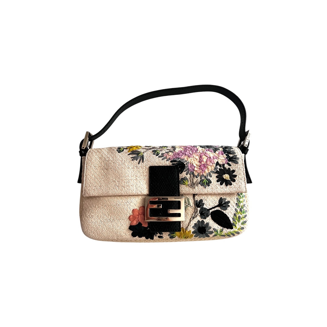 Fendi Raffia Floral Embroidered Baguette Bag - Luxury Designer Handbag for Women, Perfect for Summer Outings & Beach Vacations