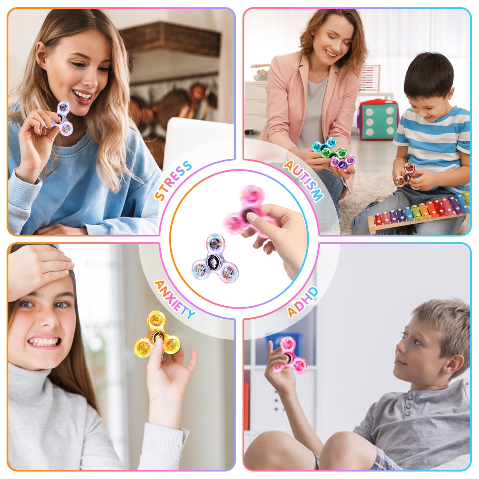 Gigilli 8 Pack LED Fidget Spinners for Kids & Adults - Light Up Sensory Toys for Stress Relief, Party Favors, Classroom Prizes - Glow in The Dark Anxiety Relief Toys for Ages 8-12 - Perfect for Birthday Parties, Easter Baskets, and School Goodie Bags