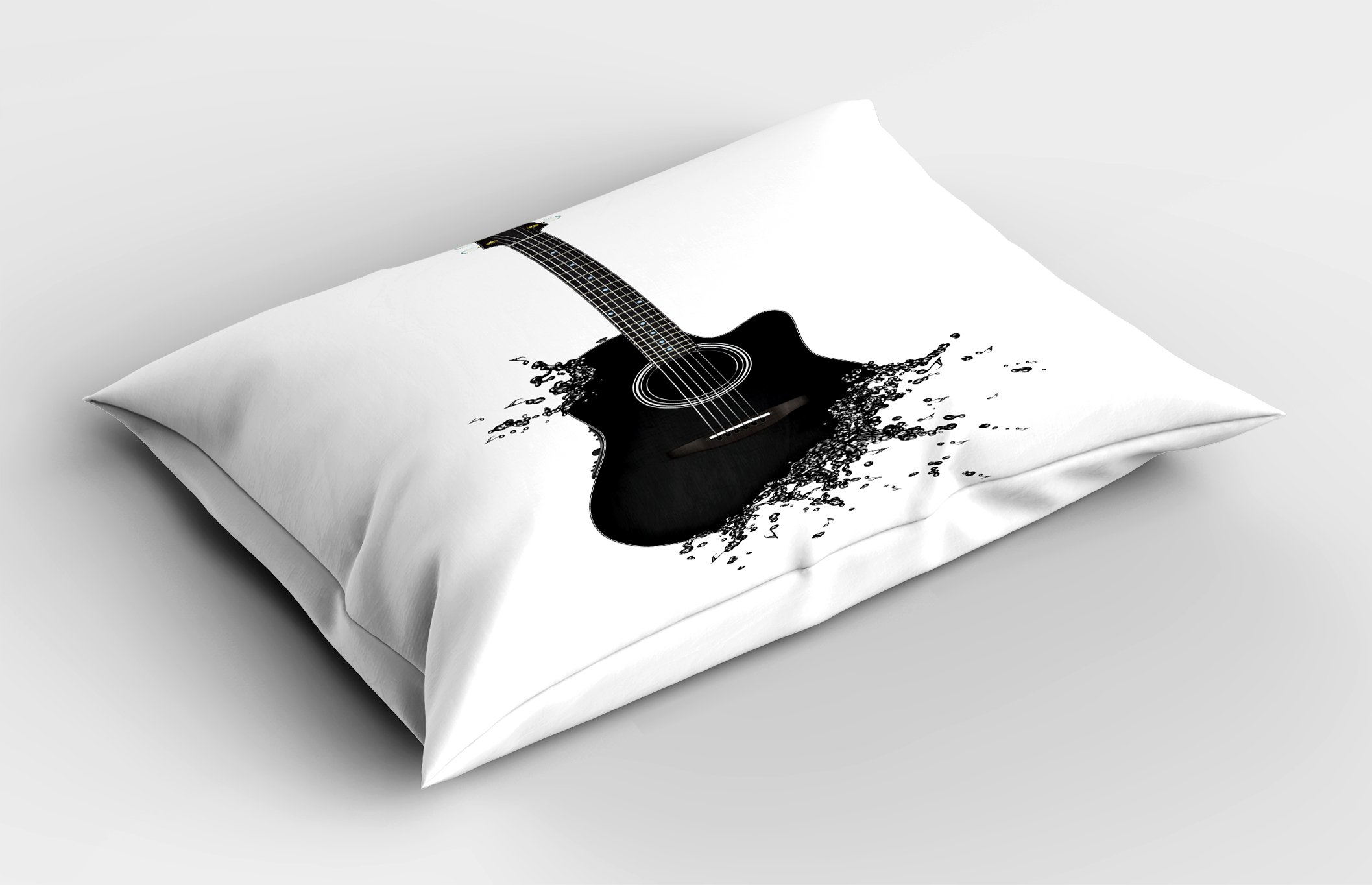 Ambesonne Guitar Pillow Sham - Monochrome Acoustic Instrument with Strings, Black & White Printed King Size Pillowcase (36