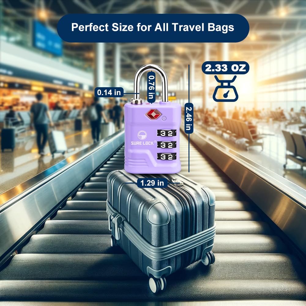 SURE LOCK TSA Approved Luggage Locks (2-Pack, Purple) - High Security Travel Locks with Open Alert, TSA008 Key & Easy Read Dials | Zinc Alloy Suitcase Locks for Airports, Gym & Travel Security