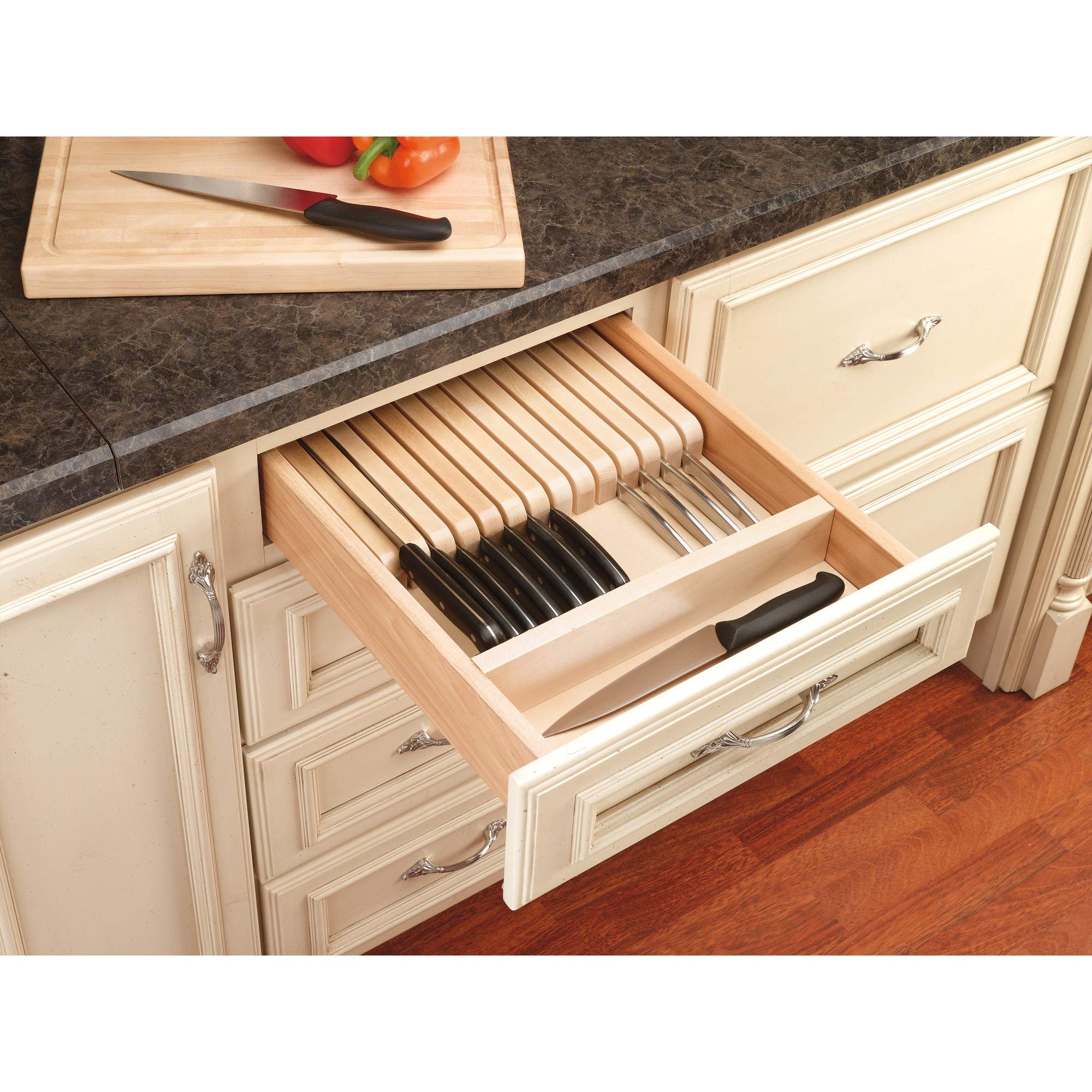 Rev-A-Shelf Adjustable Wooden Knife Block Drawer Organizer - 19 Slot Cutlery Tray with Silverware Storage for Kitchen Utensils | Perfect for Kitchen Drawer Organization & Knife Safety Storage | Fits Standard Drawers (Model 4WKB-1)