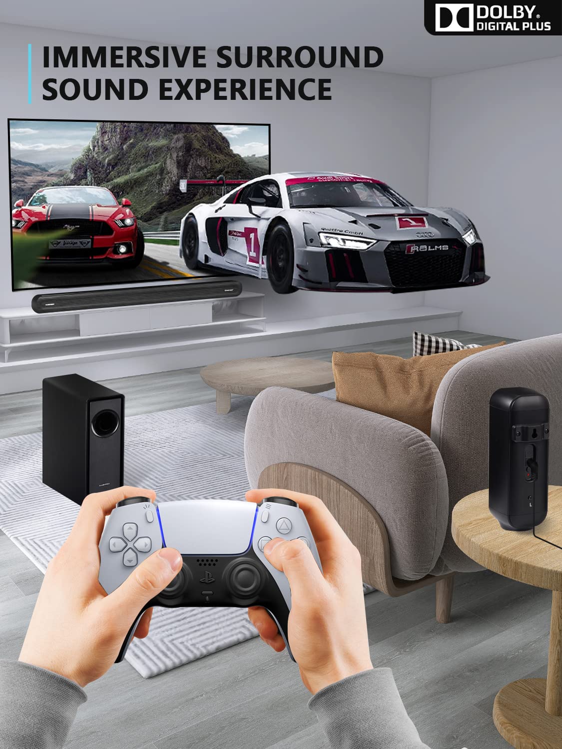 5.1 CH Surround Sound Bar with Dolby Audio & Wireless Subwoofer - Bluetooth 5.3 Soundbar for TV, Home Theater System with Rear Speakers | Dolby Digital Plus, 4K/HDTV Compatible via HDMI & Optical - Perfect for Movie Nights & Gaming Experience