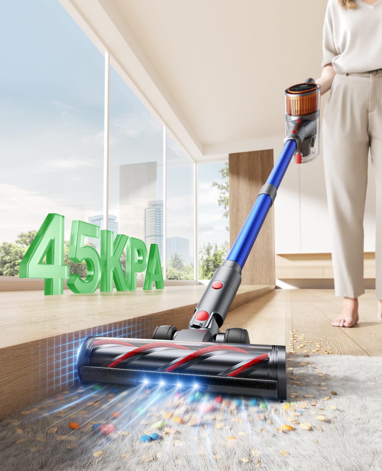 Powerful Cordless Vacuum Cleaner - 45Kpa 550W Stick Vacuum with 60 Min Runtime, Rechargeable & Wall Mountable - Ideal for Pet Hair, Carpets & Hardwood Floors (X9 Model) | Perfect for Quick Home Cleaning & Pet Owners
