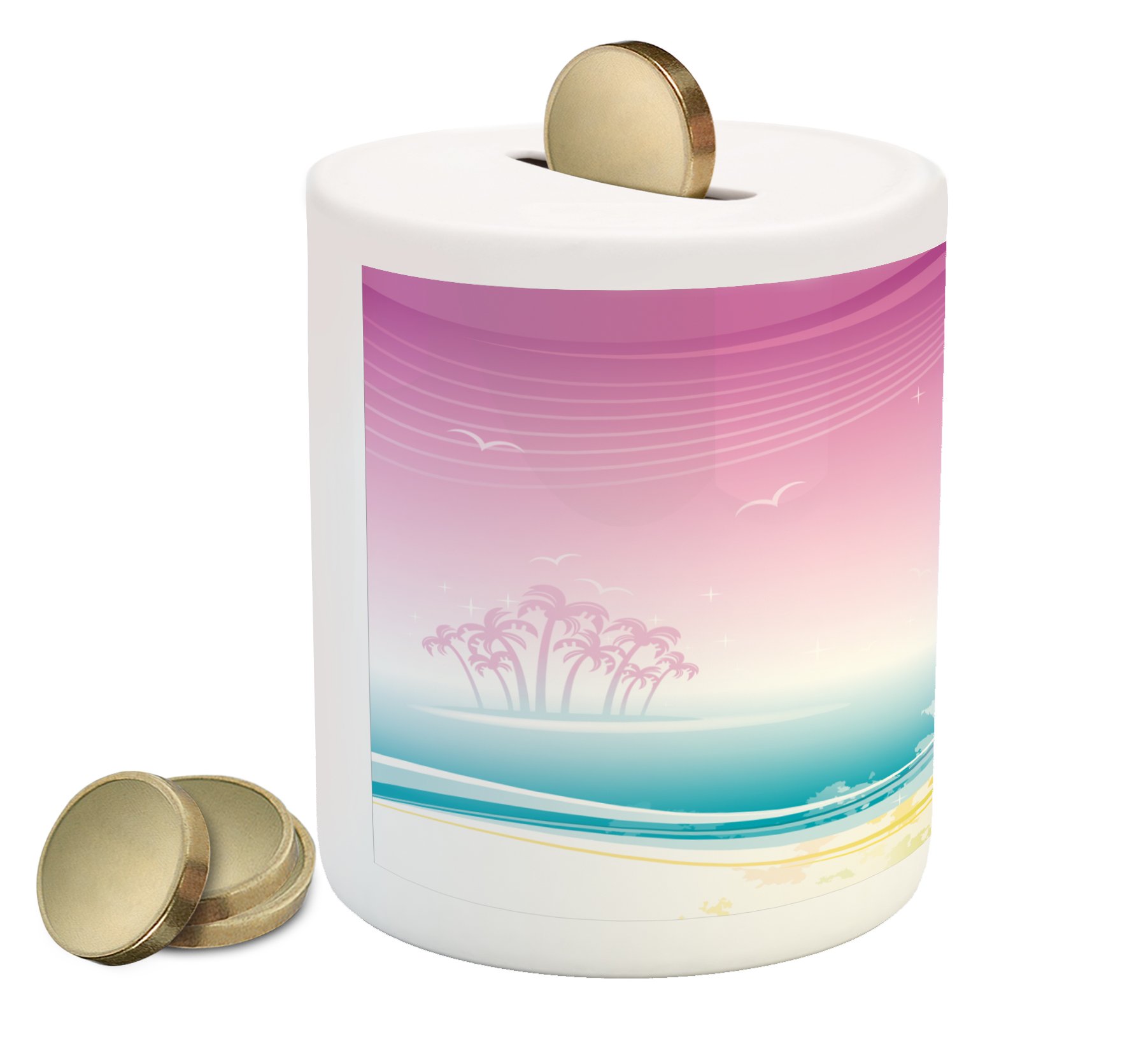 Ambesonne Luau Piggy Bank - Hawaiian Beach Fantasy Ceramic Coin Bank for Cash Savings | Tropical Island Design, Colorful Money Box for Kids & Adults | Perfect for Birthday Gifts, Home Decor, and Hawaiian Theme Parties