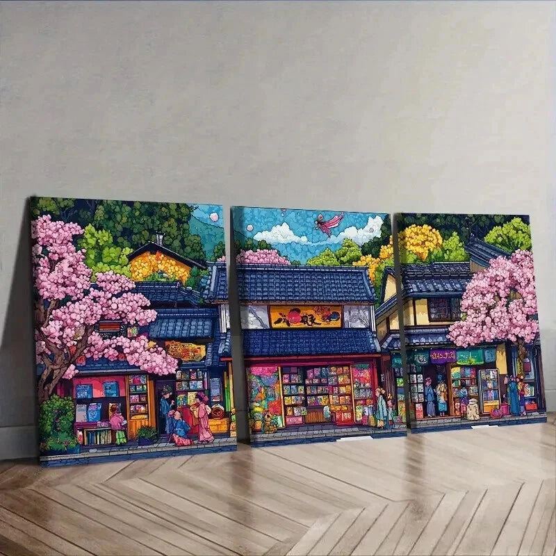 3-Piece Vibrant Japanese Comic Book Store Scene Wall Art Set - Framed Canvas 50x70cm - High Quality Print - 100% Australian Made - Ready to Hang - Perfect for Anime Lover's Bedroom, Game Room or Office Decor