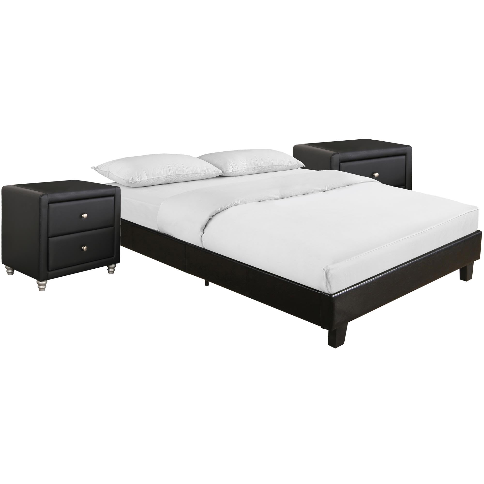 Camden Isle Acton Queen Size Platform Bed with 2 Nightstands - Modern Black Wooden Bed Frame for Master Bedroom | Space-Saving Storage Bed with Matching Nightstands