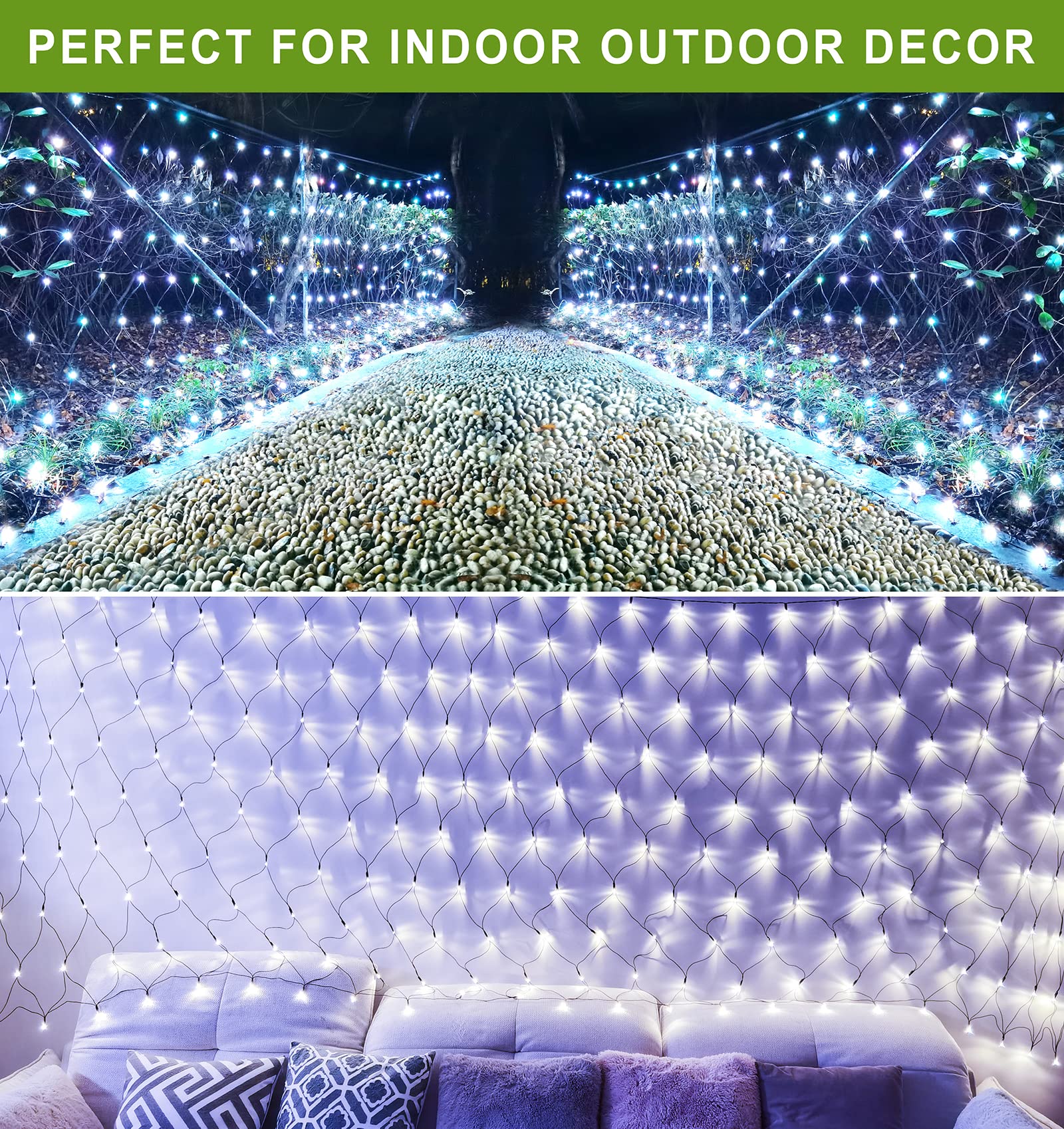 11.5 ft x 5 ft Solar Powered Outdoor Mesh Lights - 240 LED Waterproof String Lights with Remote Control, 8 Lighting Modes for Garden, Patio, Trees, Bushes, Wall Decor - Perfect for Christmas, Parties, Weddings & Backyard Lighting (Cool White)