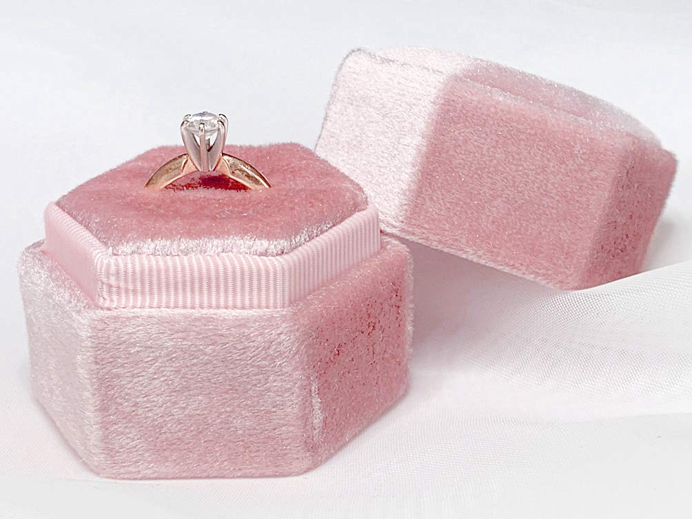 Vintage Velvet Hexagon Engagement Ring Box - Single Slot Proposal Ring Holder for Bride, Handmade Wedding Ring Bearer Box, Rose Pink Velvet Jewelry Gift Box - Perfect for Proposals, Weddings & Anniversaries