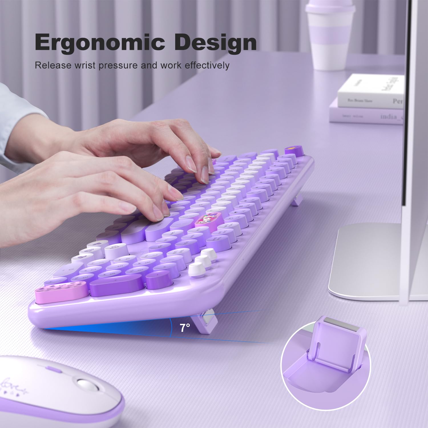 Retro Wireless Keyboard & Mouse Set for Mac/PC - Purple Typewriter Style for Home Office